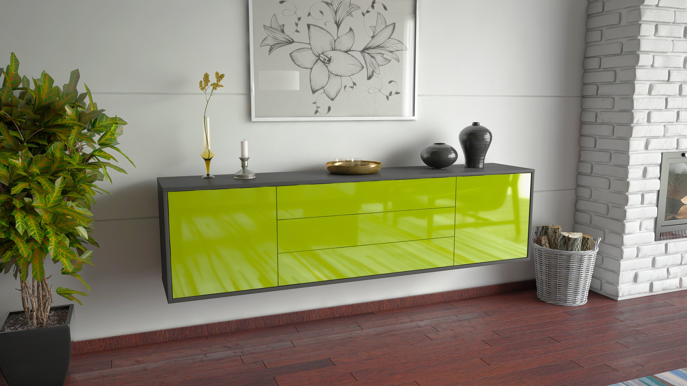 Lowboard - Ariella - Design Hochglanz - Wandmontage mit Push to Open 180 cm Anthrazit