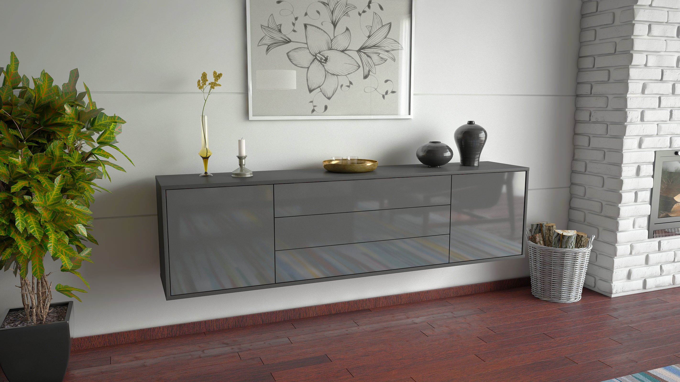 Lowboard - Ariella - Design Hochglanz - Wandmontage mit Push to Open 180 cm Anthrazit