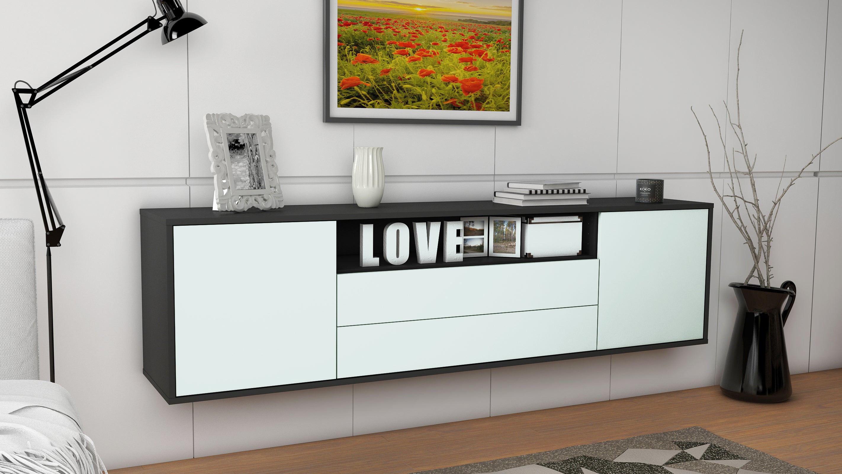 Lowboard - Armanda - Design Farbakzent - Wandmontage mit Push to Open 180 cm Anthrazit