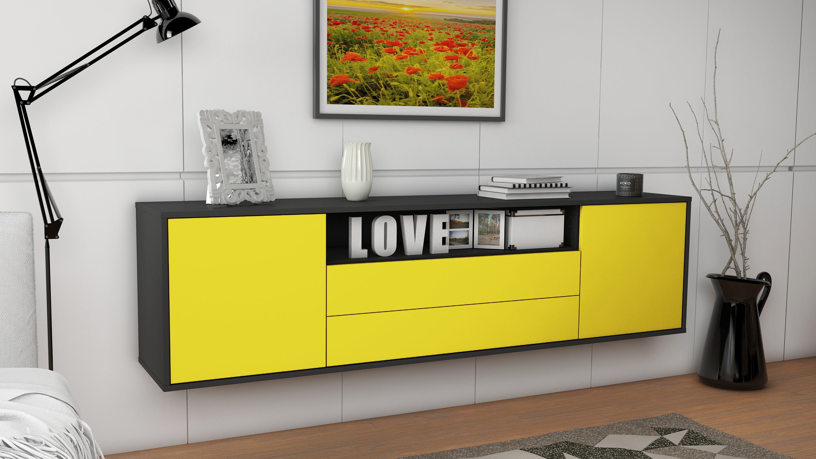 Lowboard - Armanda - Design Farbakzent - Wandmontage mit Push to Open 180 cm Anthrazit