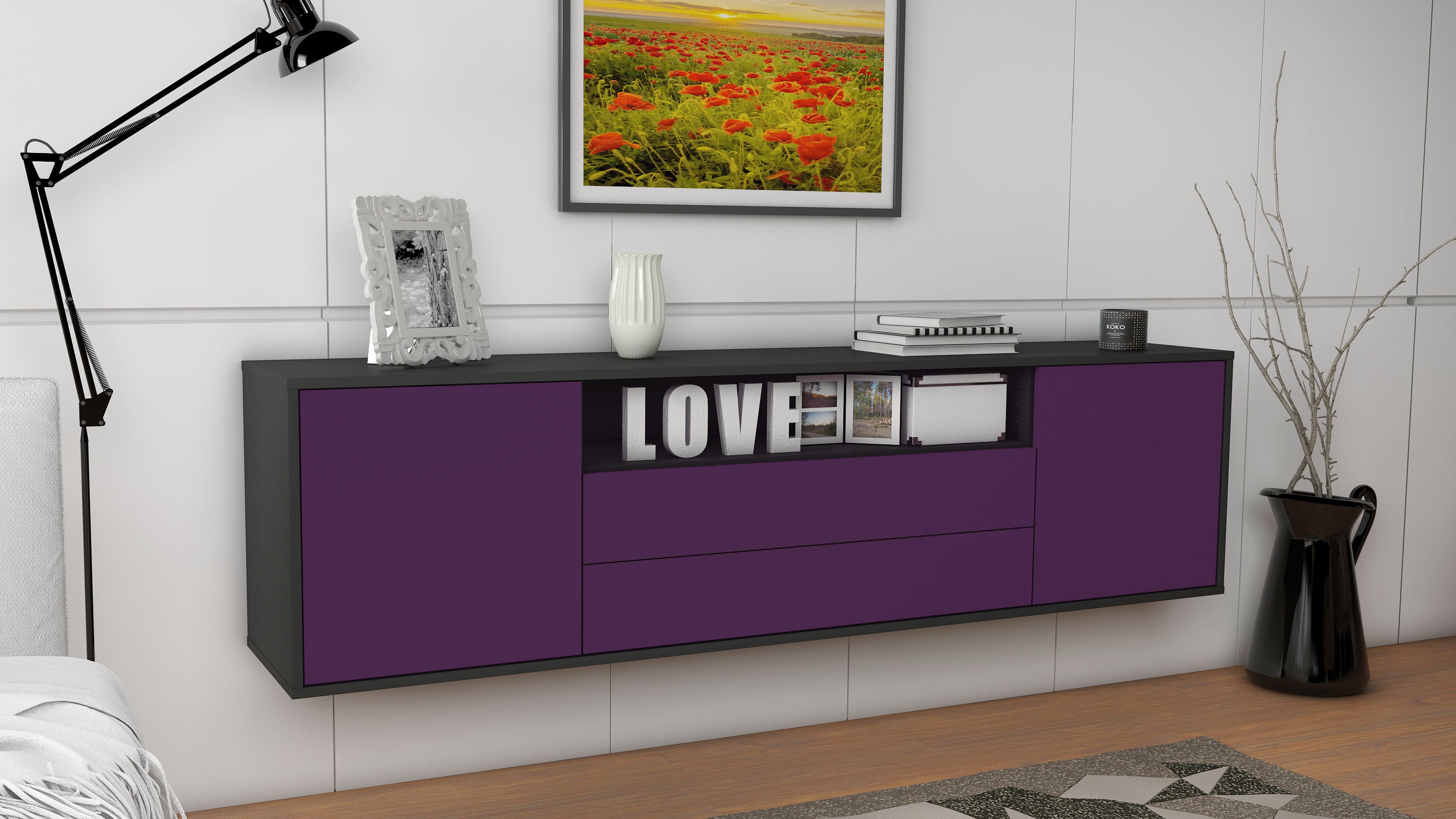 Lowboard - Armanda - Design Farbakzent - Wandmontage mit Push to Open 180 cm Anthrazit