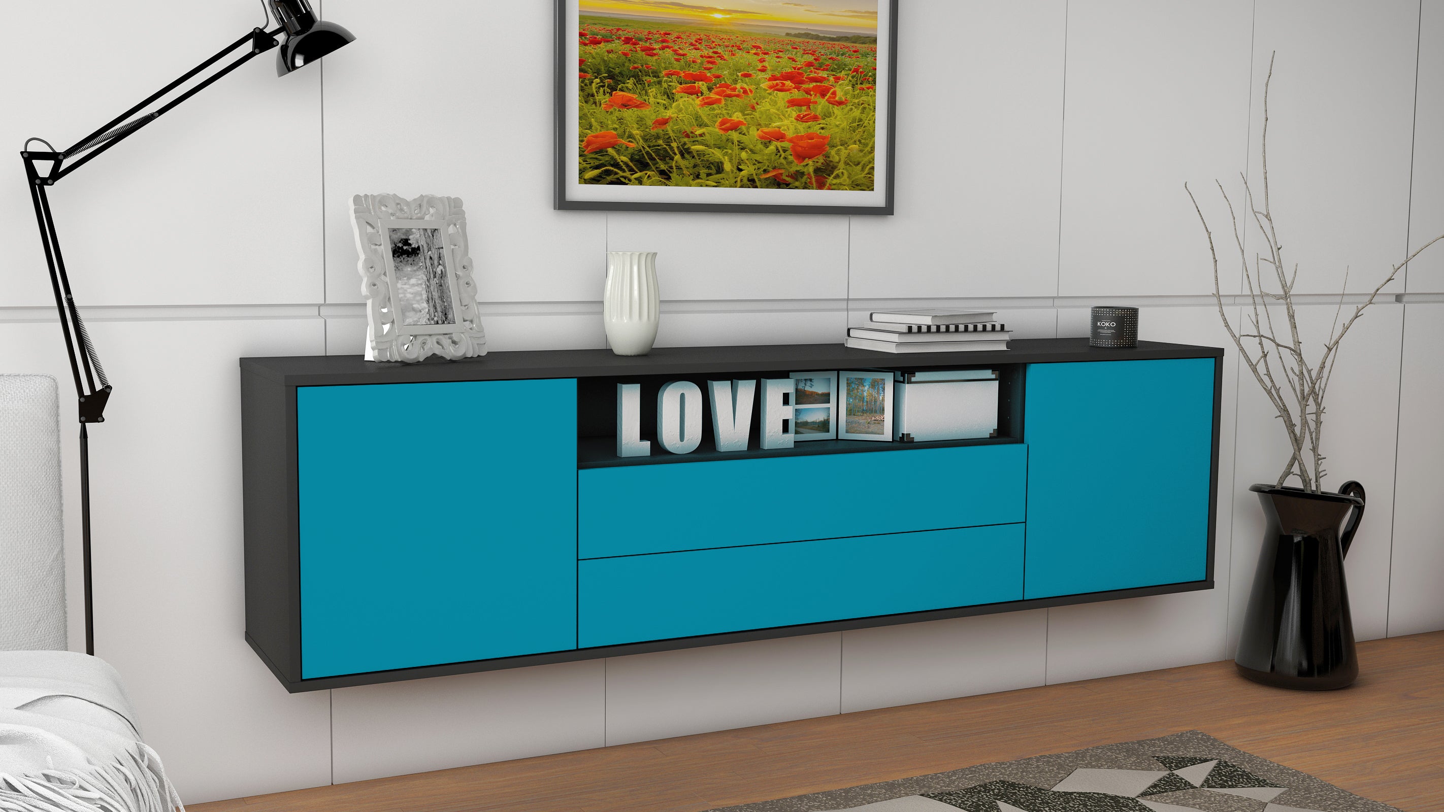 Lowboard - Armanda - Design Farbakzent - Wandmontage mit Push to Open 180 cm Anthrazit