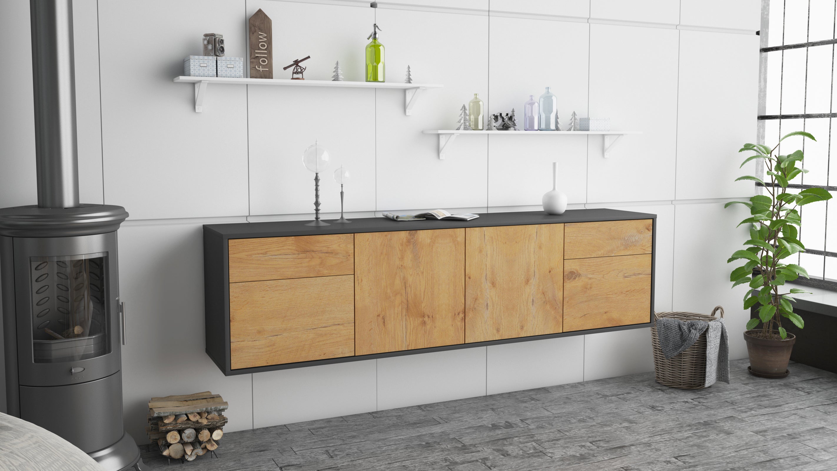 Lowboard - Benedetta - Design Holzdekor - Wandmontage mit Push to Open 180 cm Anthrazit