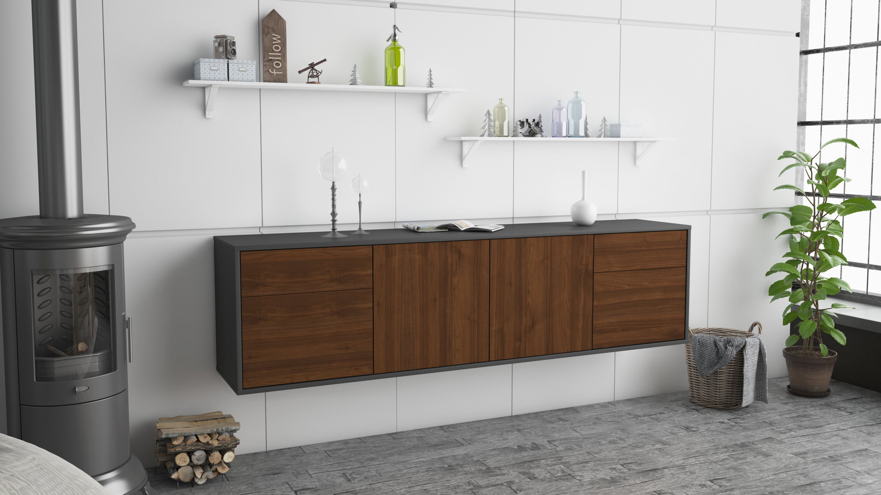 Lowboard - Benedetta - Design Holzdekor - Wandmontage mit Push to Open 180 cm Anthrazit