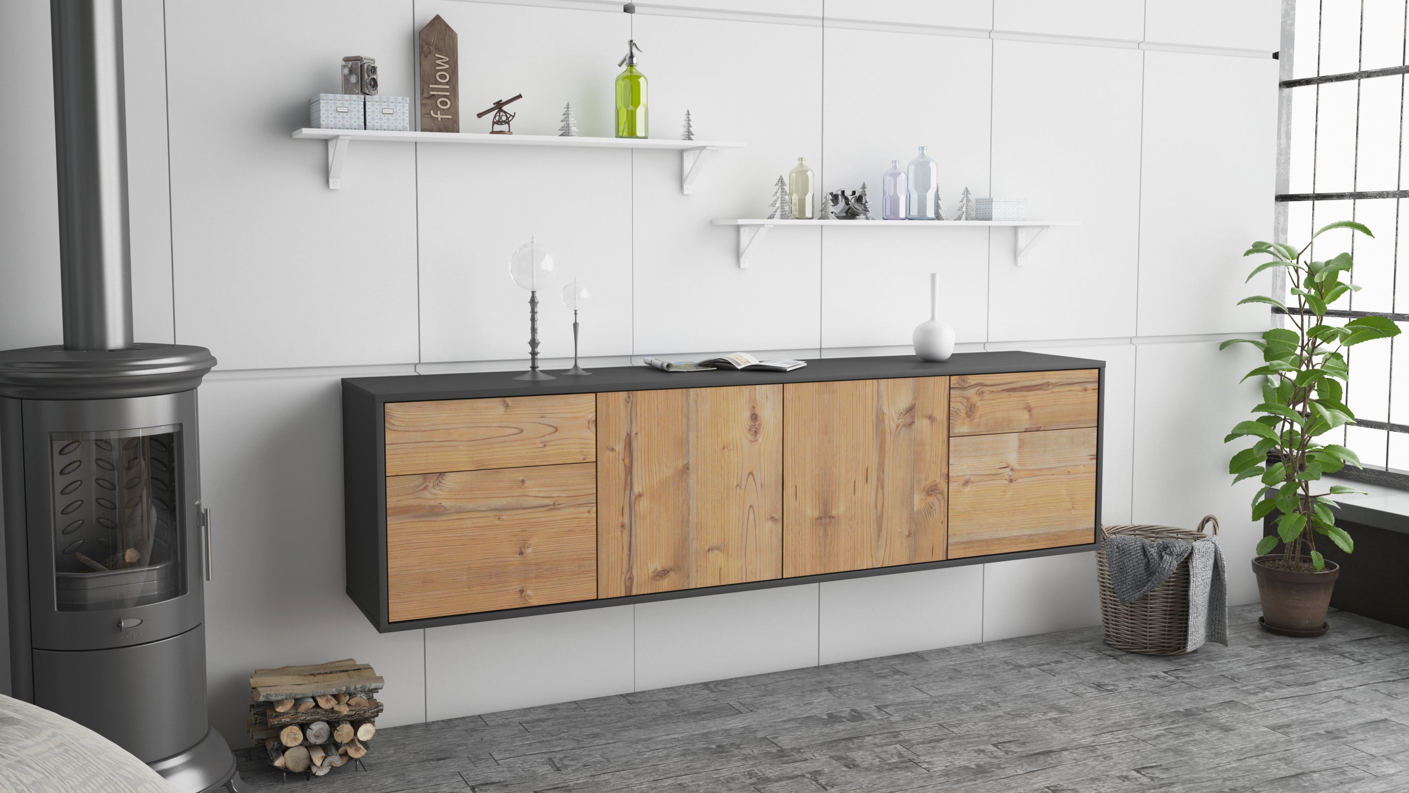 Lowboard - Benedetta - Design Holzdekor - Wandmontage mit Push to Open 180 cm Anthrazit