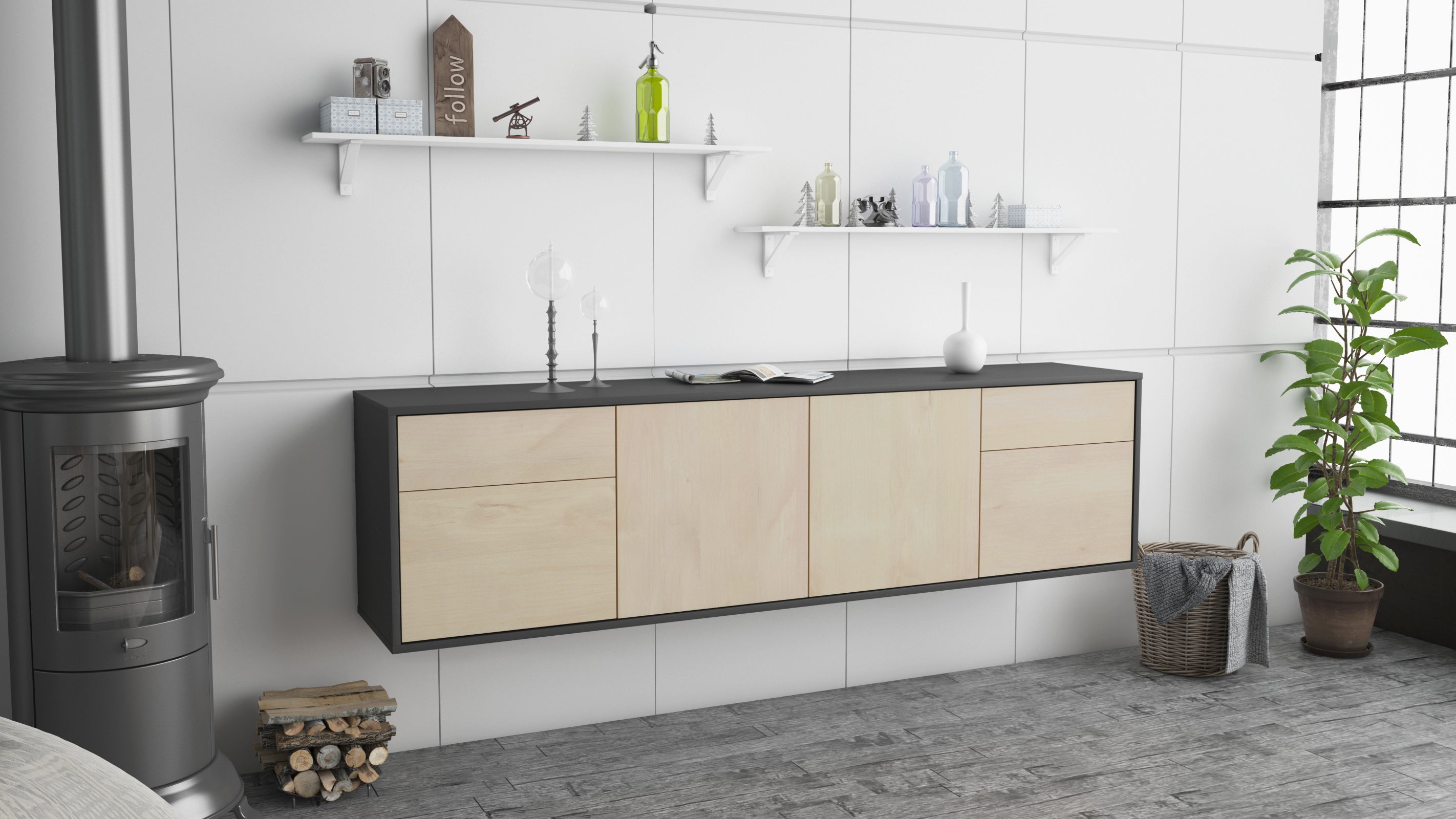 Lowboard - Benedetta - Design Holzdekor - Wandmontage mit Push to Open 180 cm Anthrazit