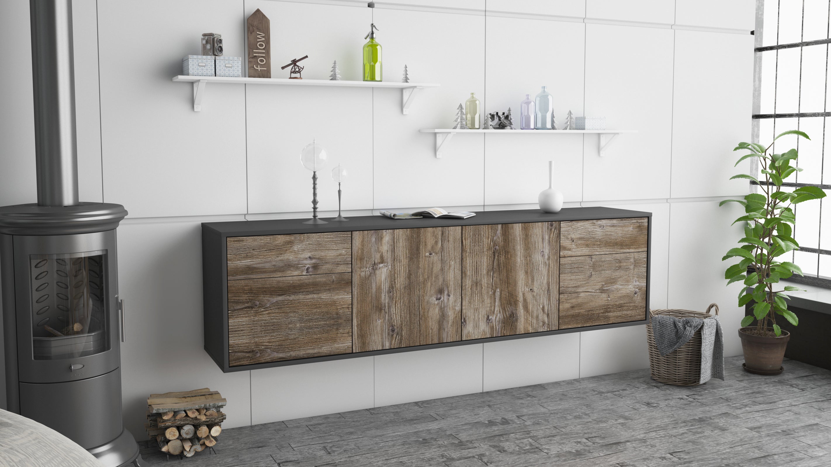 Lowboard - Benedetta - Design Holzdekor - Wandmontage mit Push to Open 180 cm Anthrazit
