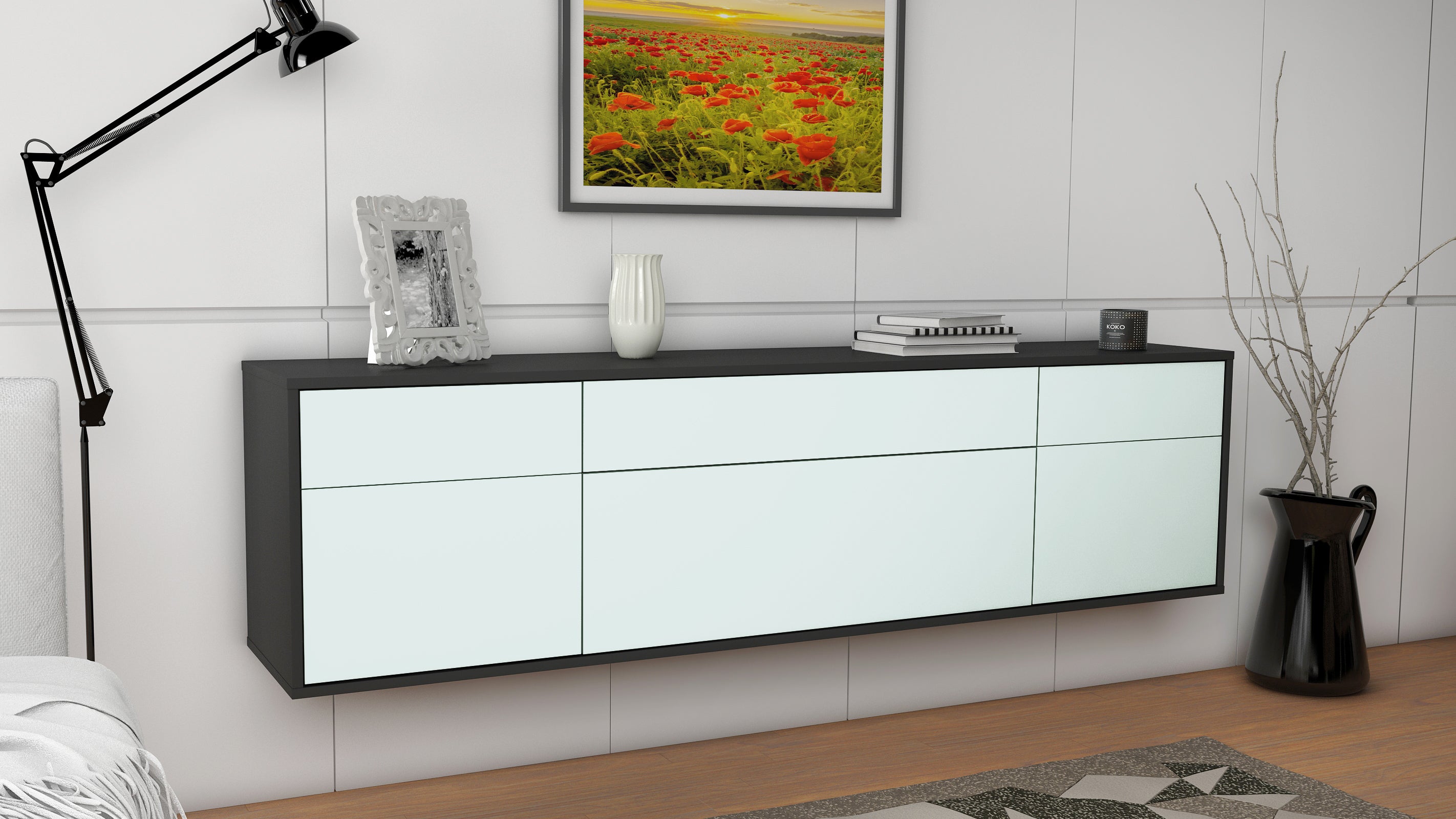 Lowboard - Beppa - Design Farbakzent - Wandmontage mit Push to Open 180 cm Anthrazit