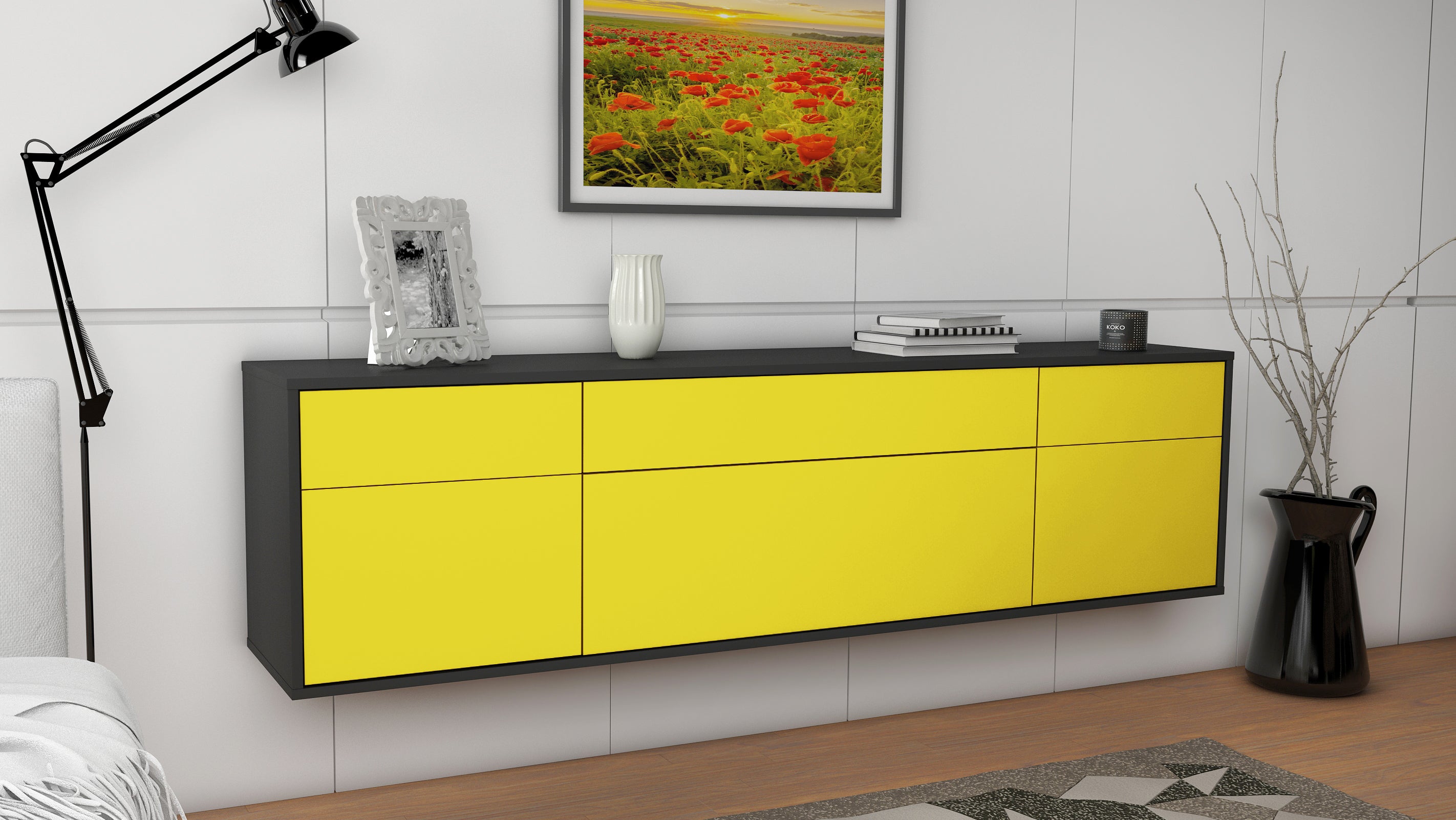 Lowboard - Beppa - Design Farbakzent - Wandmontage mit Push to Open 180 cm Anthrazit