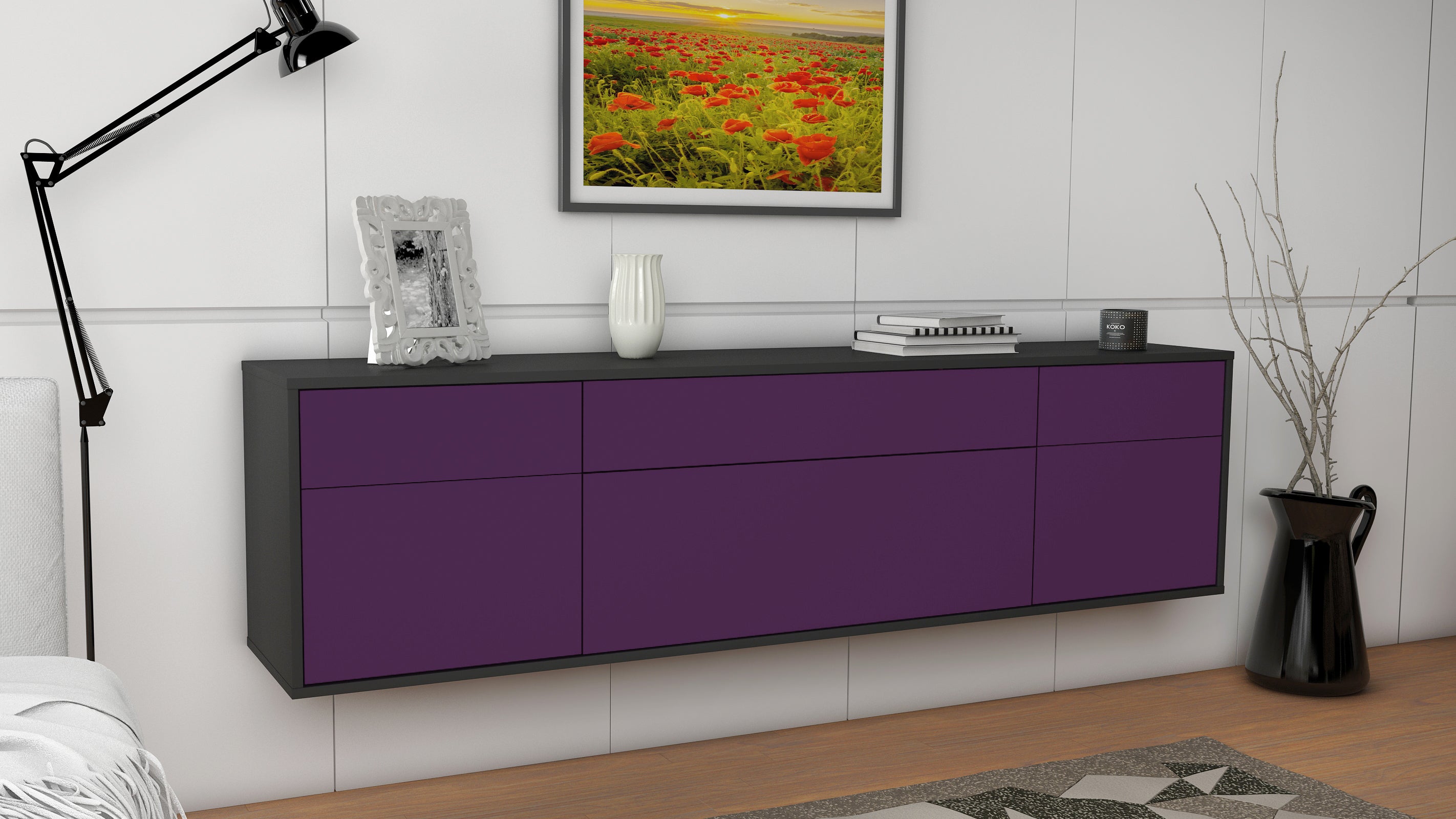 Lowboard - Beppa - Design Farbakzent - Wandmontage mit Push to Open 180 cm Anthrazit