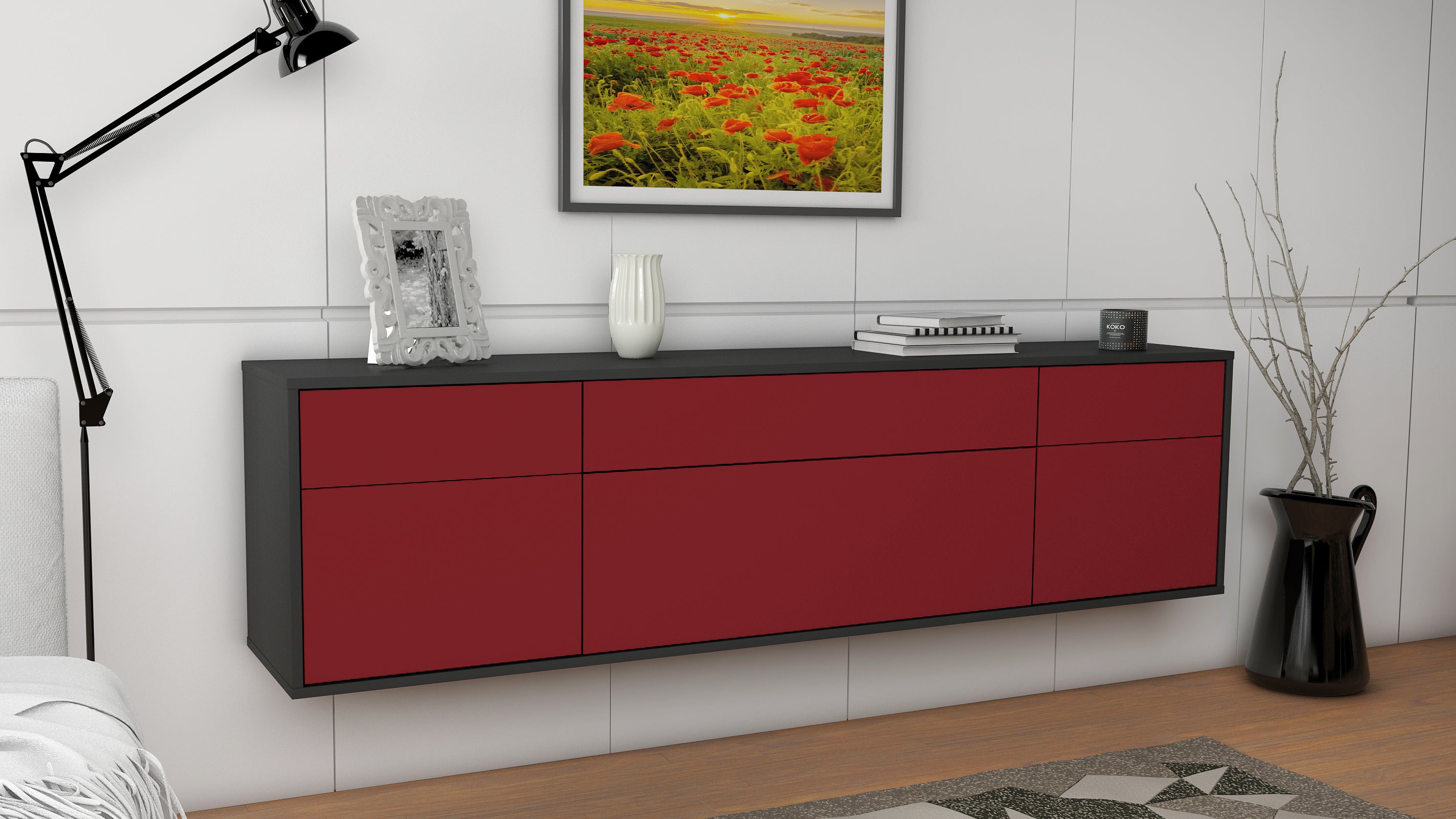 Lowboard - Beppa - Design Farbakzent - Wandmontage mit Push to Open 180 cm Anthrazit