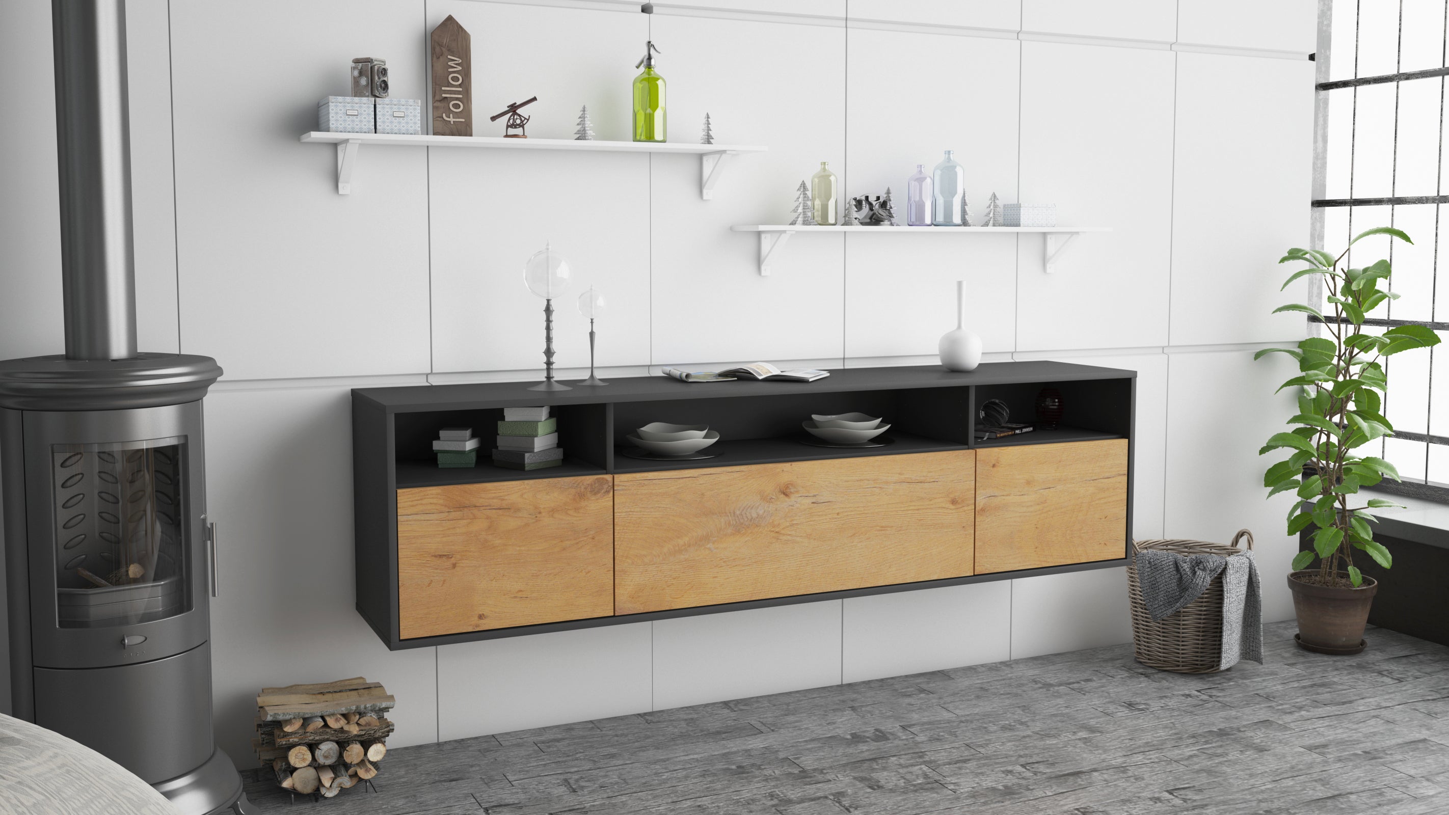 Lowboard - BIANCA - Design Holzdekor - Wandmontage mit Push to Open 180 cm Anthrazit