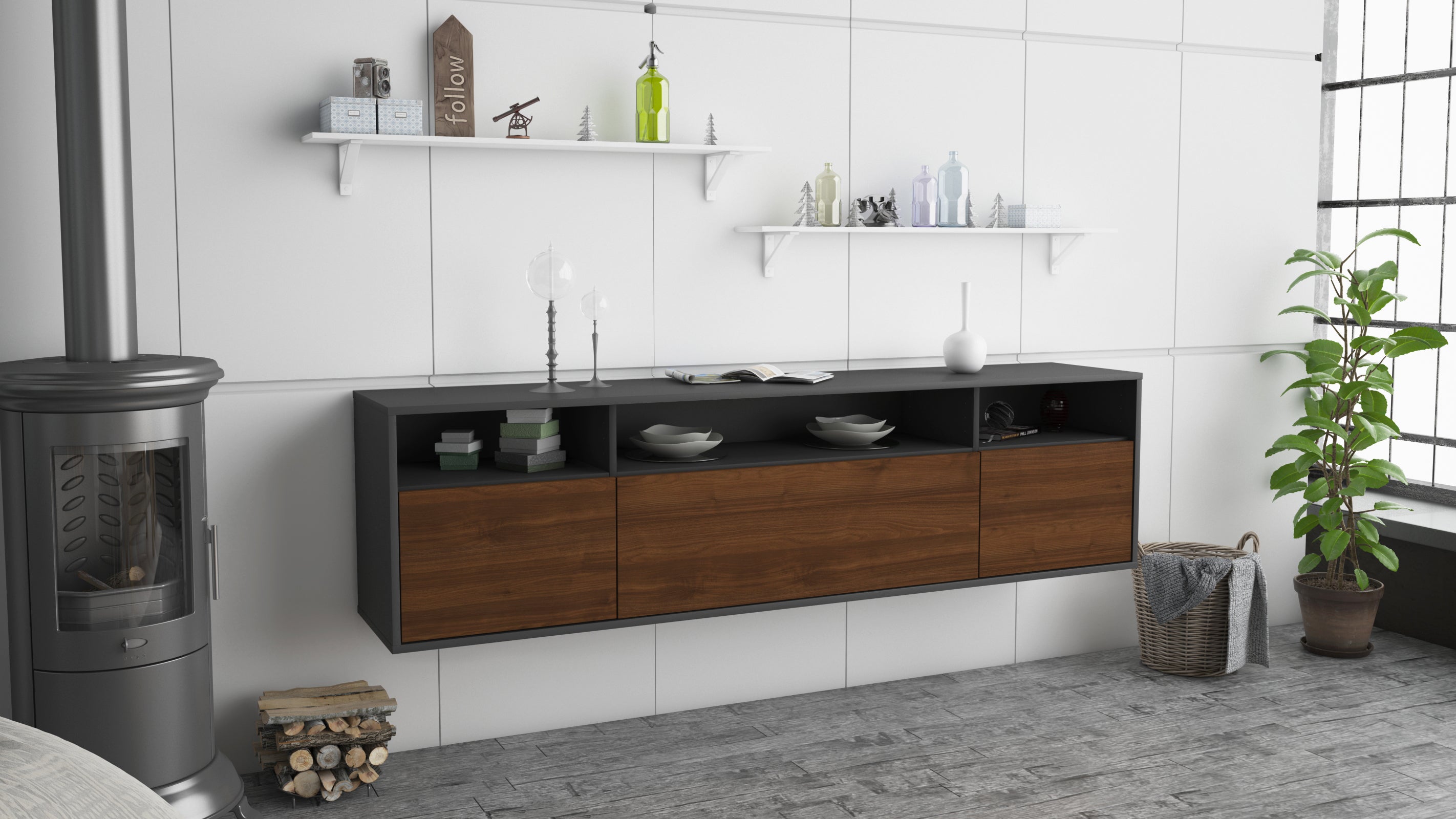 Lowboard - BIANCA - Design Holzdekor - Wandmontage mit Push to Open 180 cm Anthrazit