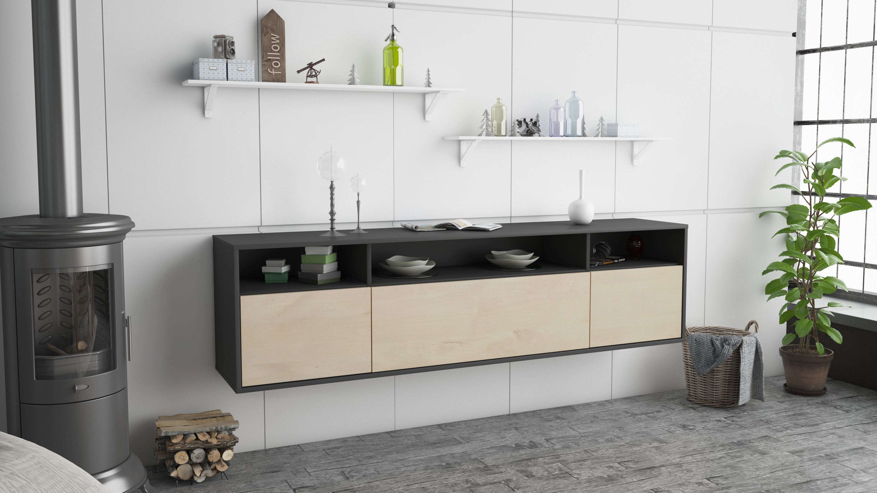 Lowboard - BIANCA - Design Holzdekor - Wandmontage mit Push to Open 180 cm Anthrazit