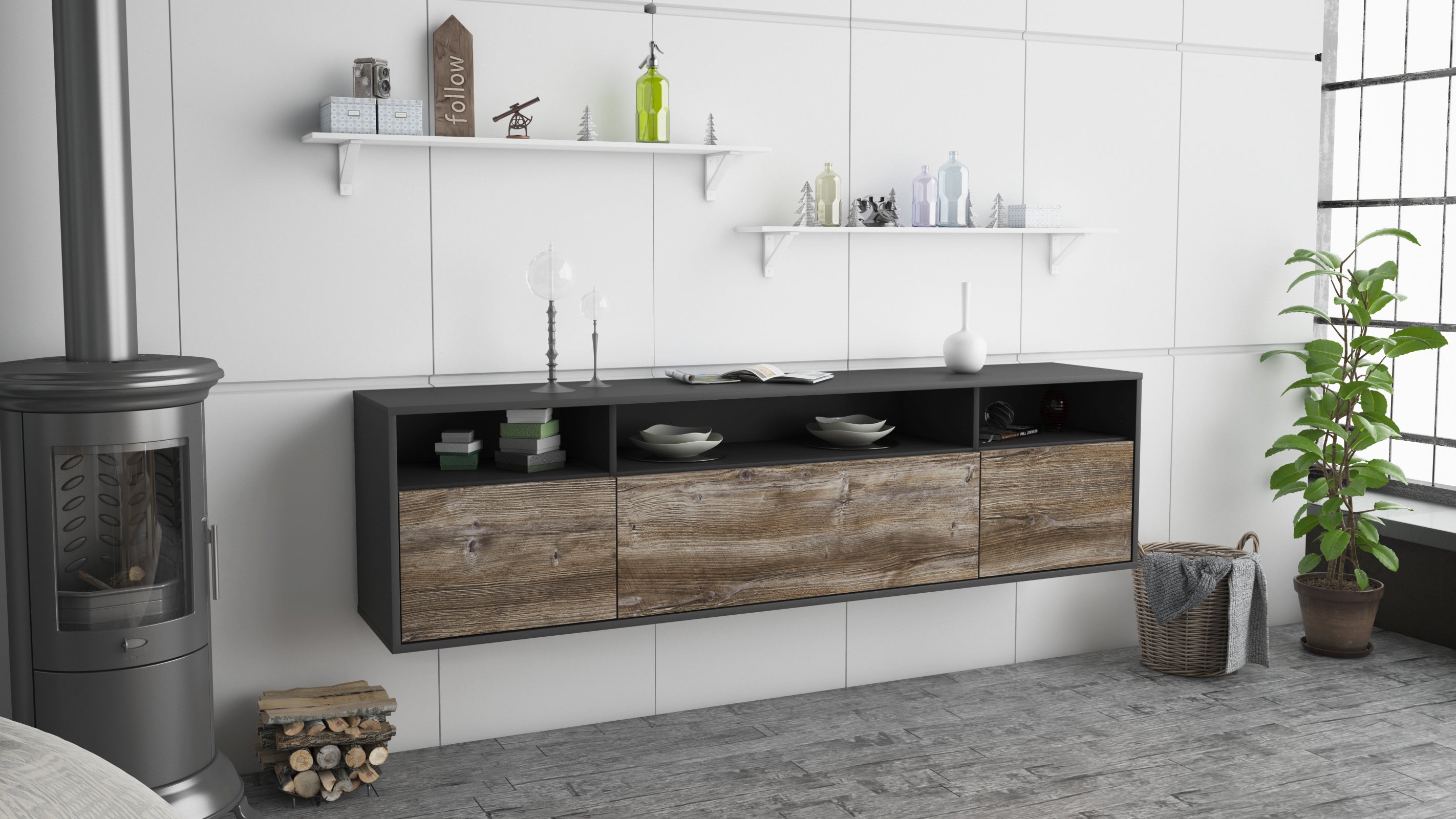 Lowboard - BIANCA - Design Holzdekor - Wandmontage mit Push to Open 180 cm Anthrazit
