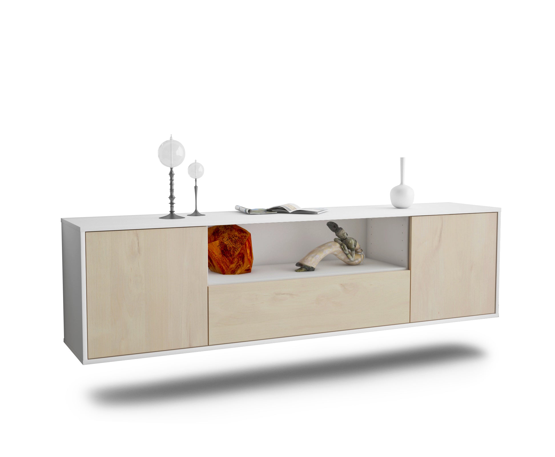 Lowboard - Arbnora - Design Holzdekor - Wandmontage mit Push to Open 180 cm Weiss