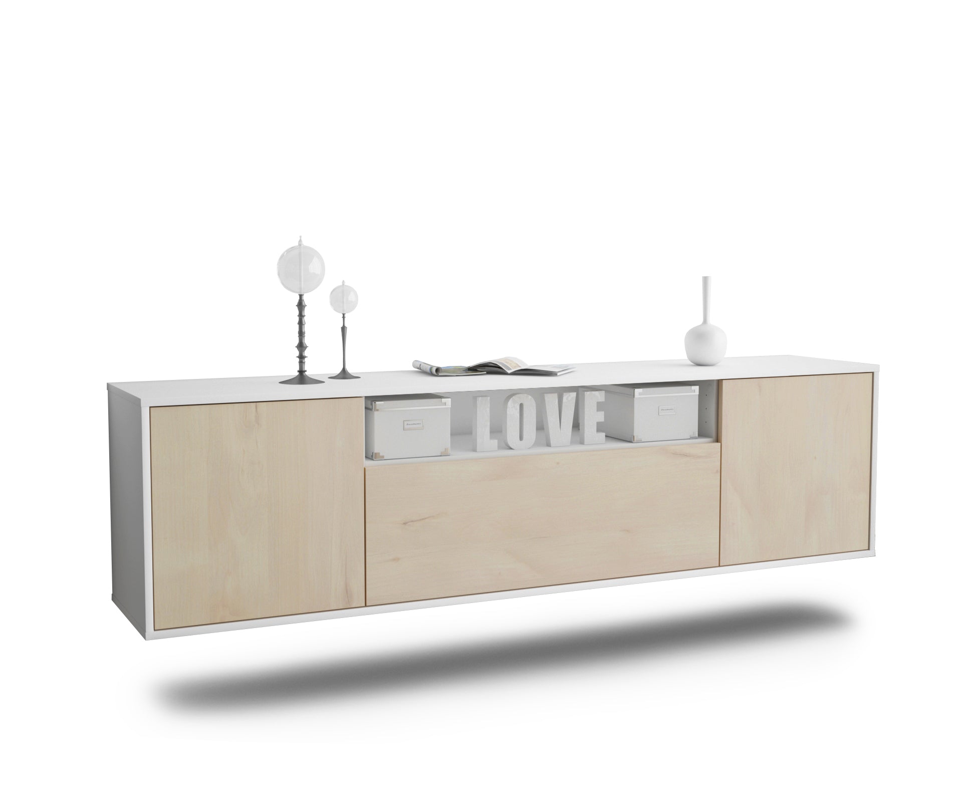 Lowboard - Ariana - Design Holzdekor - Wandmontage mit Push to Open 180 cm Weiss