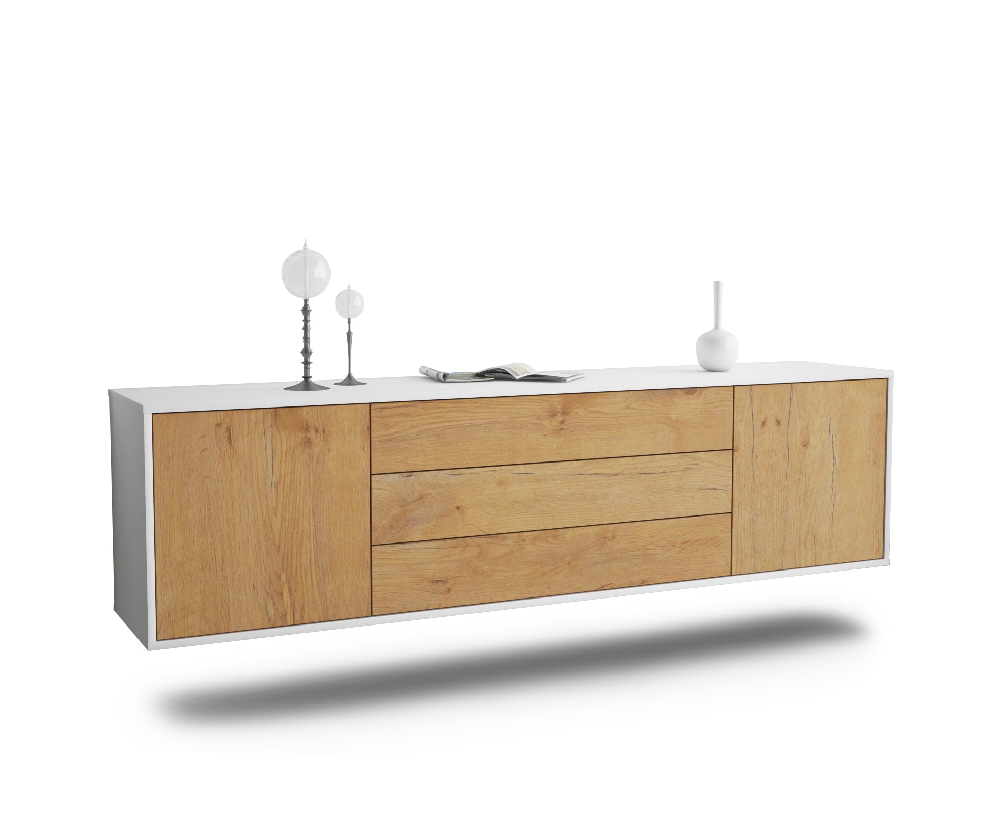 Lowboard - Ariella - Design Holzdekor - Wandmontage mit Push to Open 180 cm Weiss