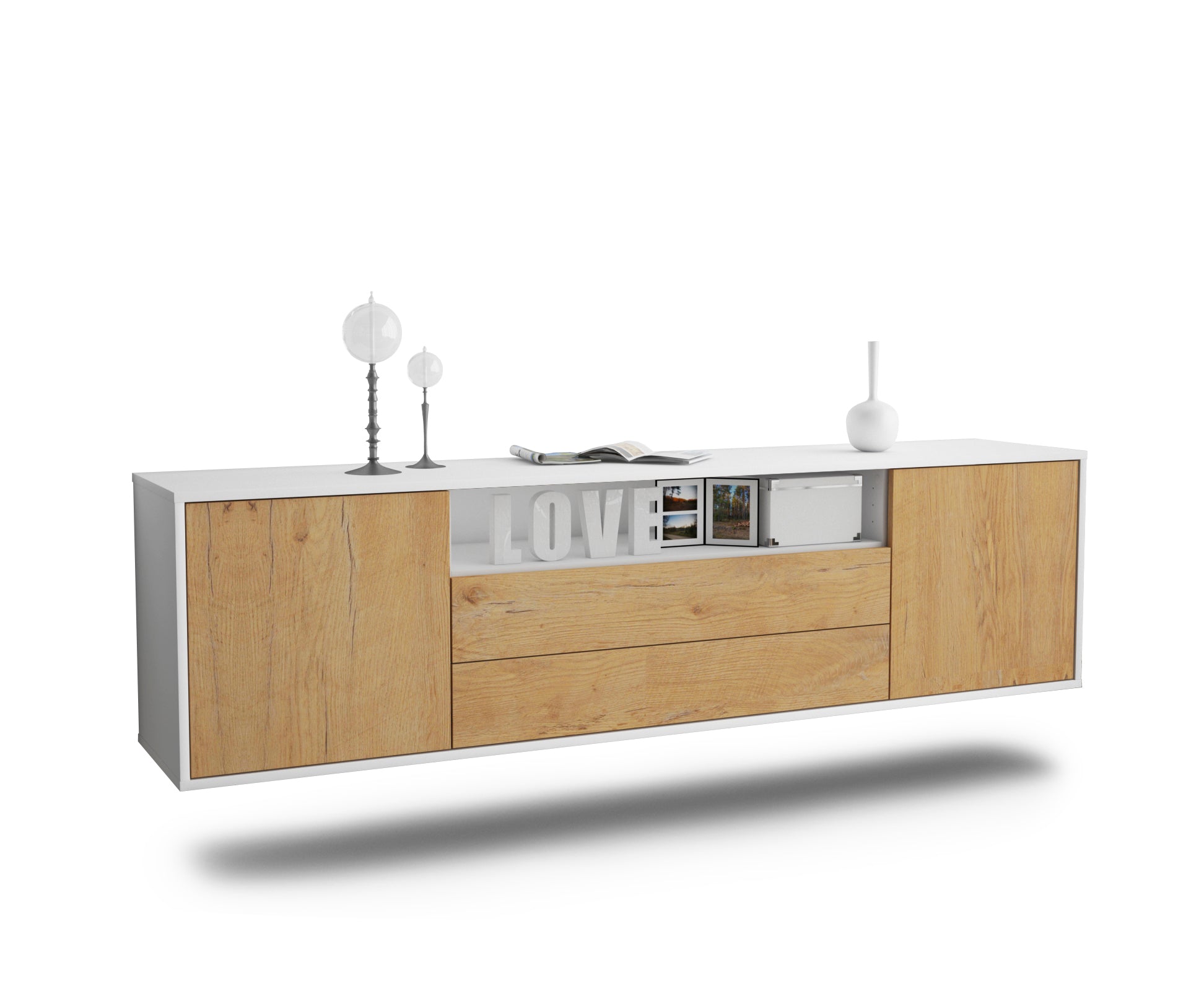 Lowboard - Armanda - Design Holzdekor - Wandmontage mit Push to Open 180 cm Weiss