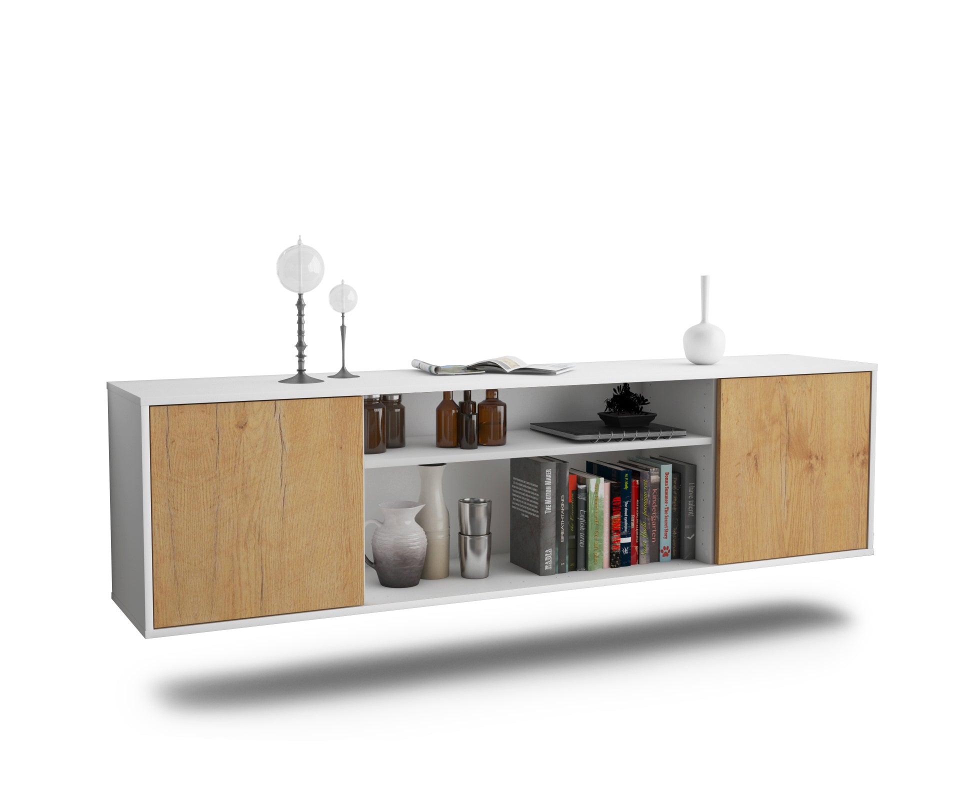 Lowboard - Asia - Design Holzdekor - Wandmontage mit Push to Open 180 cm Weiss