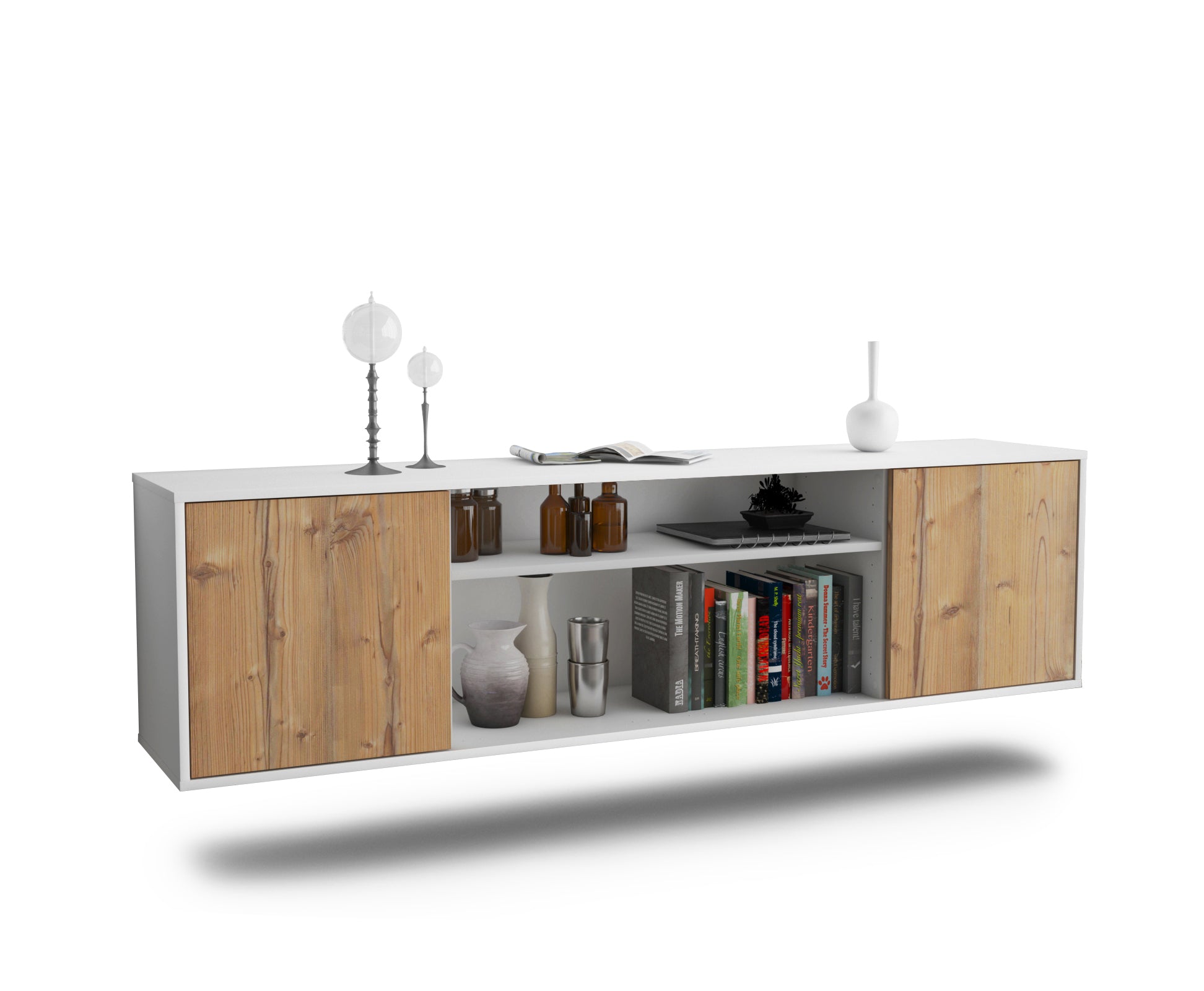 Lowboard - Asia - Design Holzdekor - Wandmontage mit Push to Open 180 cm Weiss
