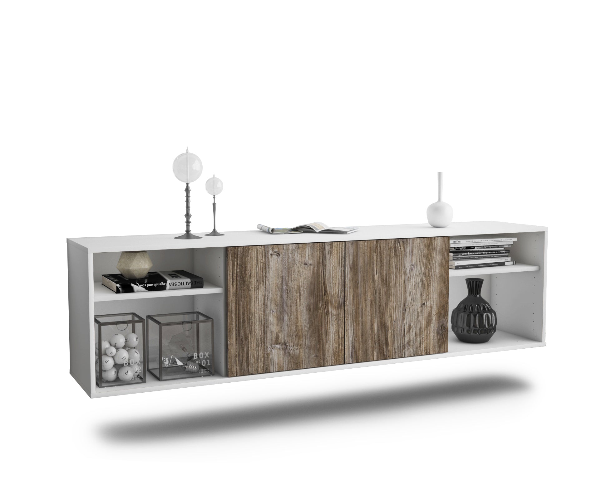 Lowboard - Asimo - Design Holzdekor - Wandmontage mit Push to Open 180 cm Weiss