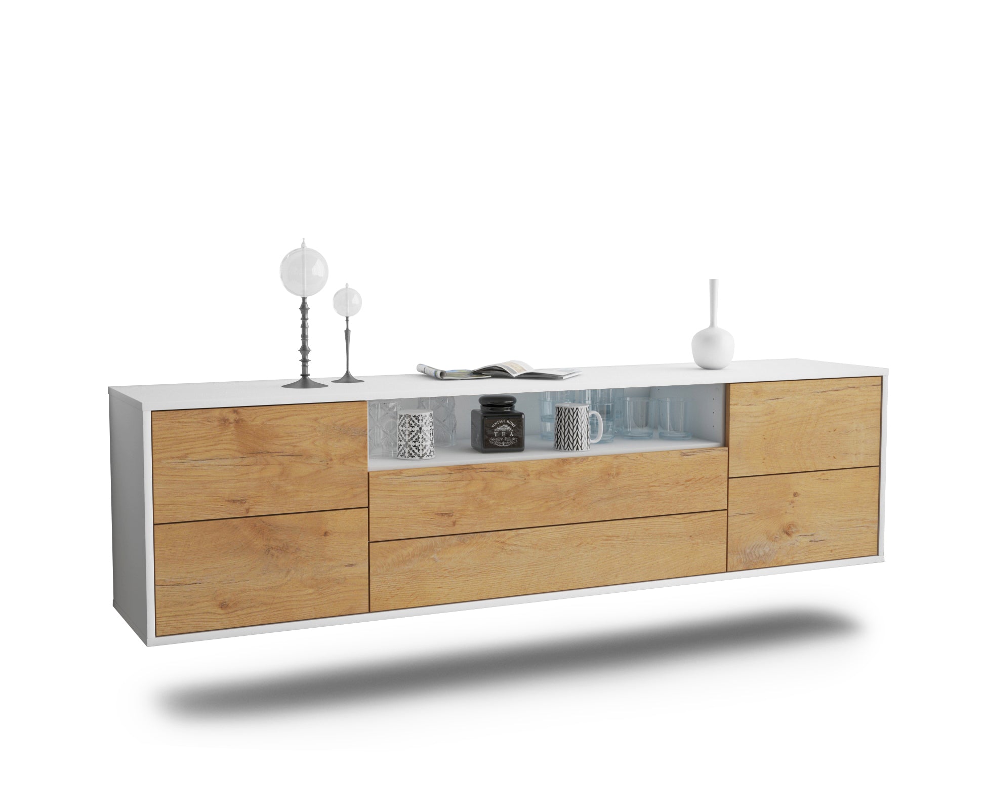 Lowboard - Aurora - Design Holzdekor - Wandmontage mit Push to Open 180 cm Weiss