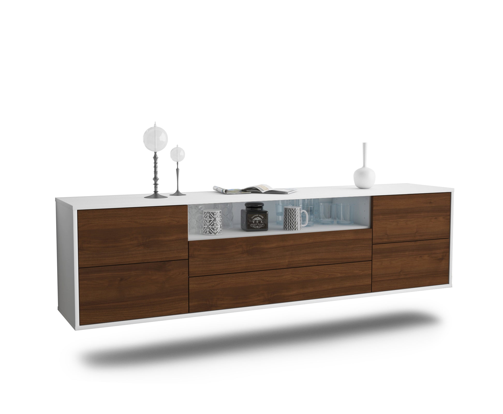 Lowboard - Aurora - Design Holzdekor - Wandmontage mit Push to Open 180 cm Weiss