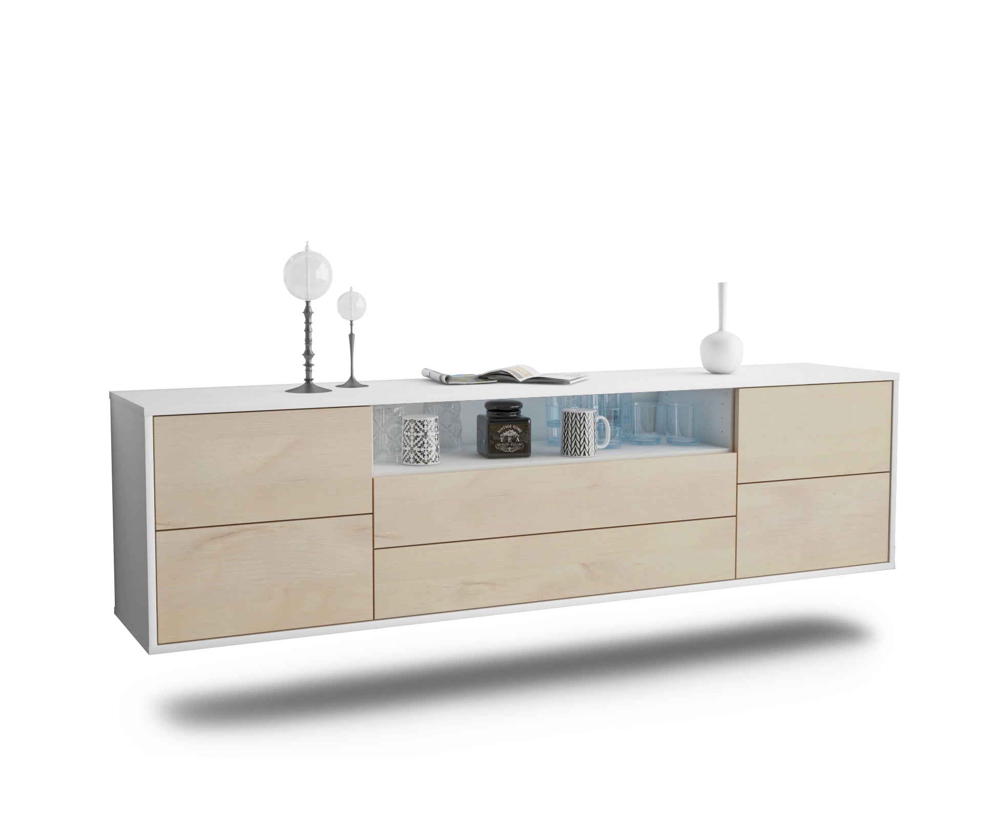 Lowboard - Aurora - Design Holzdekor - Wandmontage mit Push to Open 180 cm Weiss