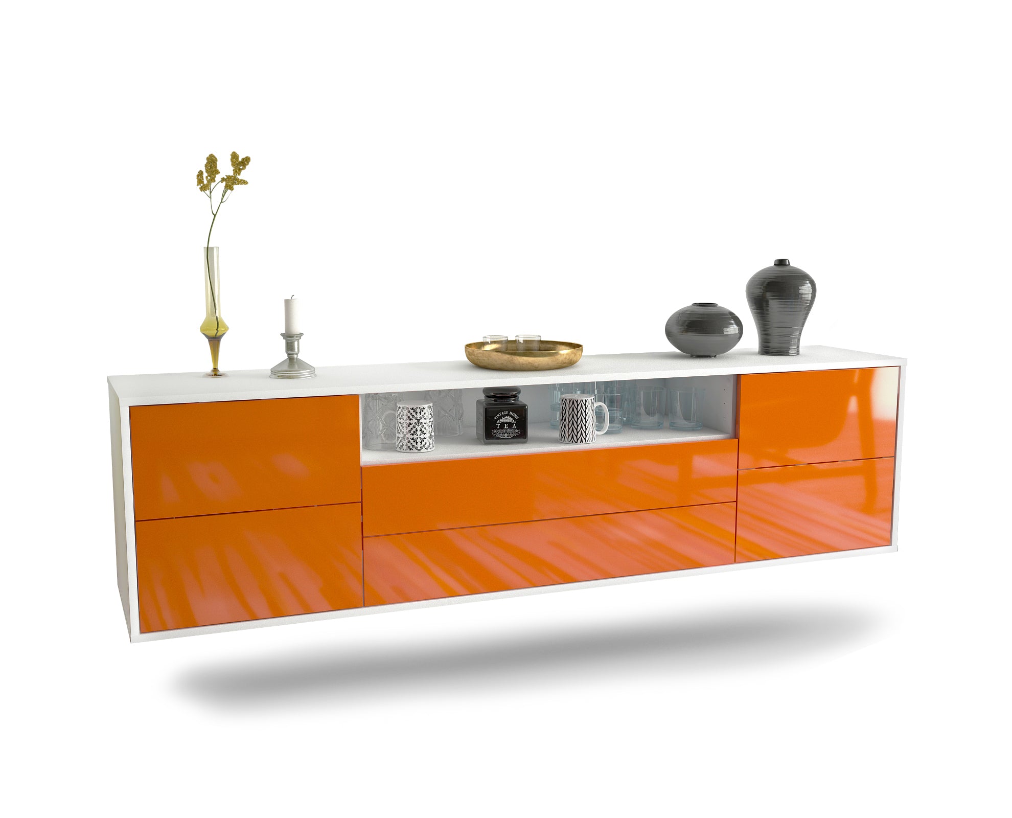 Lowboard - Aurora - Design Hochglanz - Wandmontage mit Push to Open 180 cm Weiss