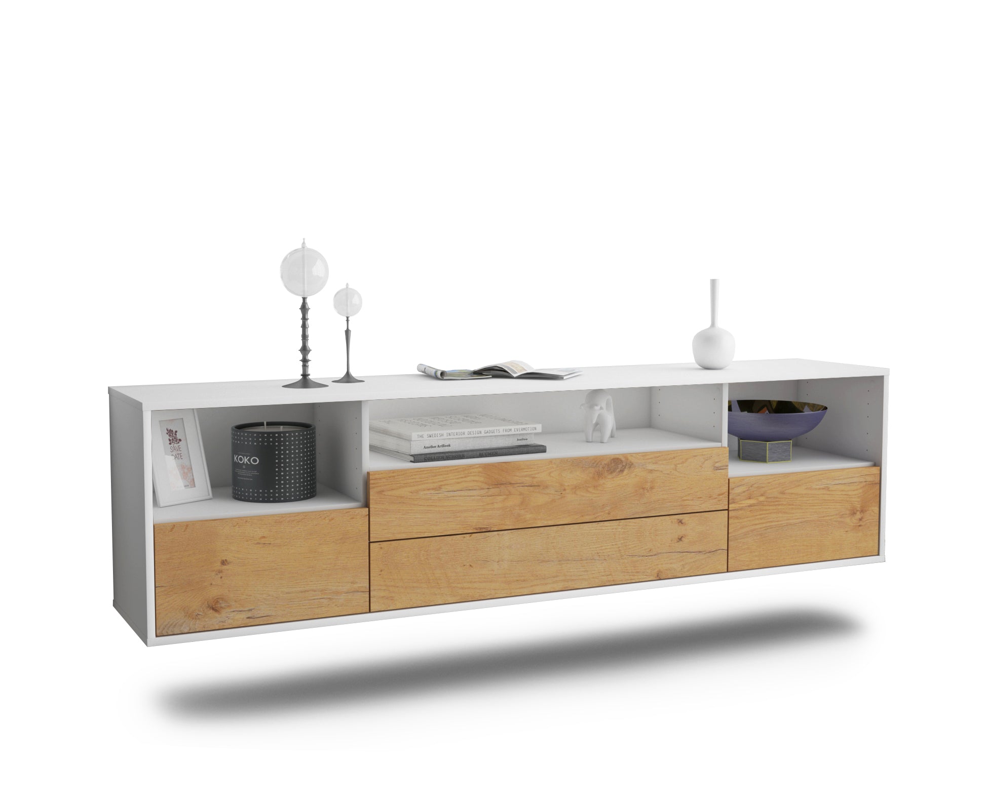 Lowboard - Azula - Design Holzdekor - Wandmontage mit Push to Open 180 cm Weiss