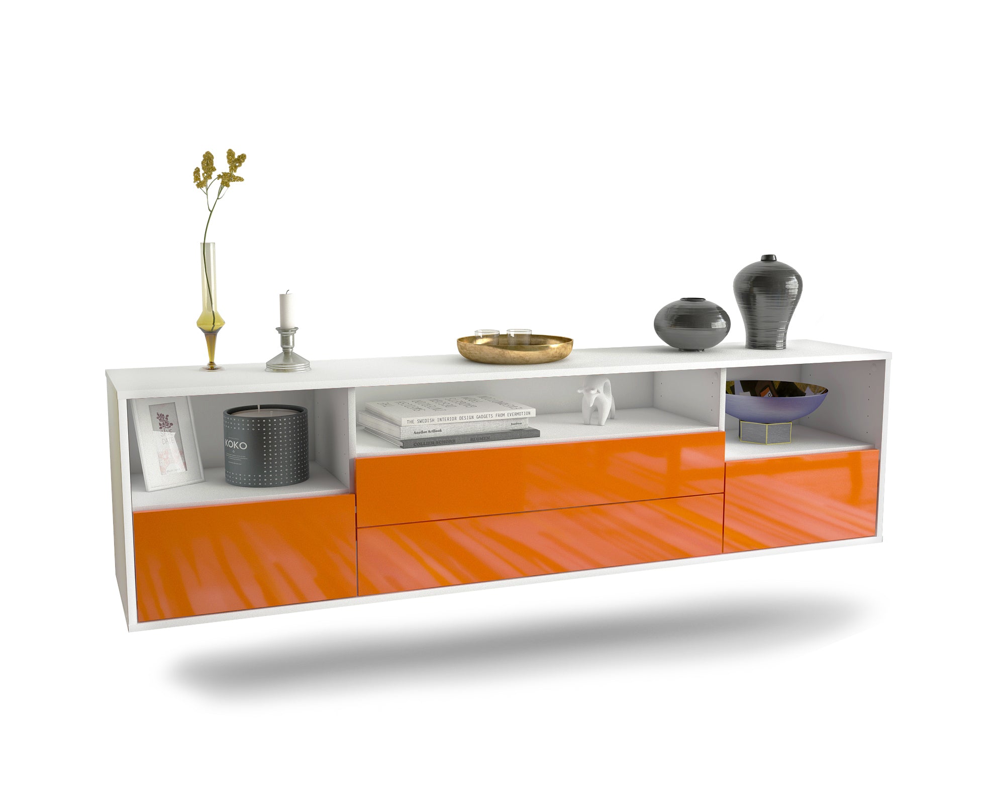 Lowboard - Azula - Design Hochglanz - Wandmontage mit Push to Open 180 cm Weiss