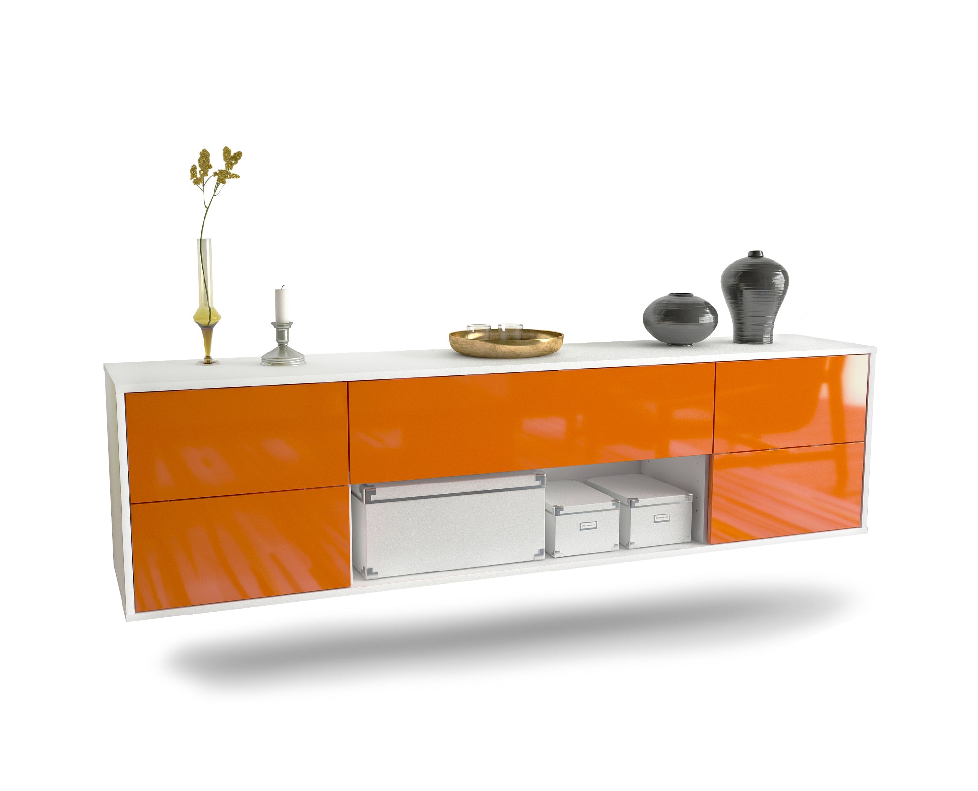 Lowboard - Babetta - Design Hochglanz - Wandmontage mit Push to Open 180 cm Weiss