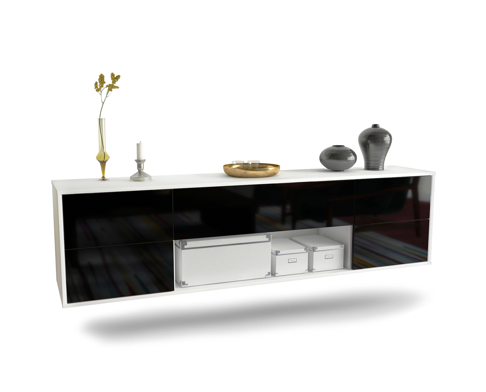 Lowboard - Babetta - Design Hochglanz - Wandmontage mit Push to Open 180 cm Weiss