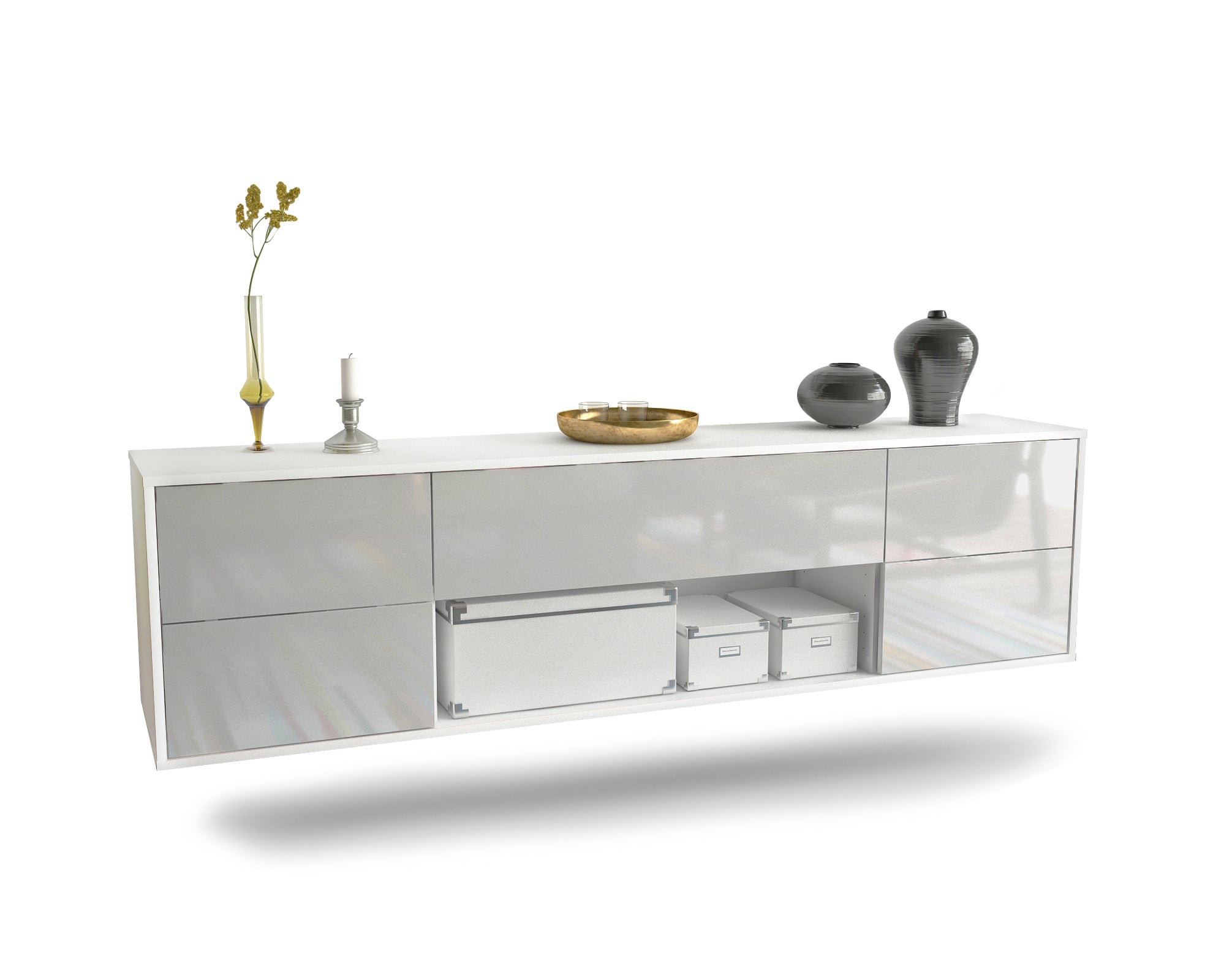 Lowboard - Babetta - Design Hochglanz - Wandmontage mit Push to Open 180 cm Weiss