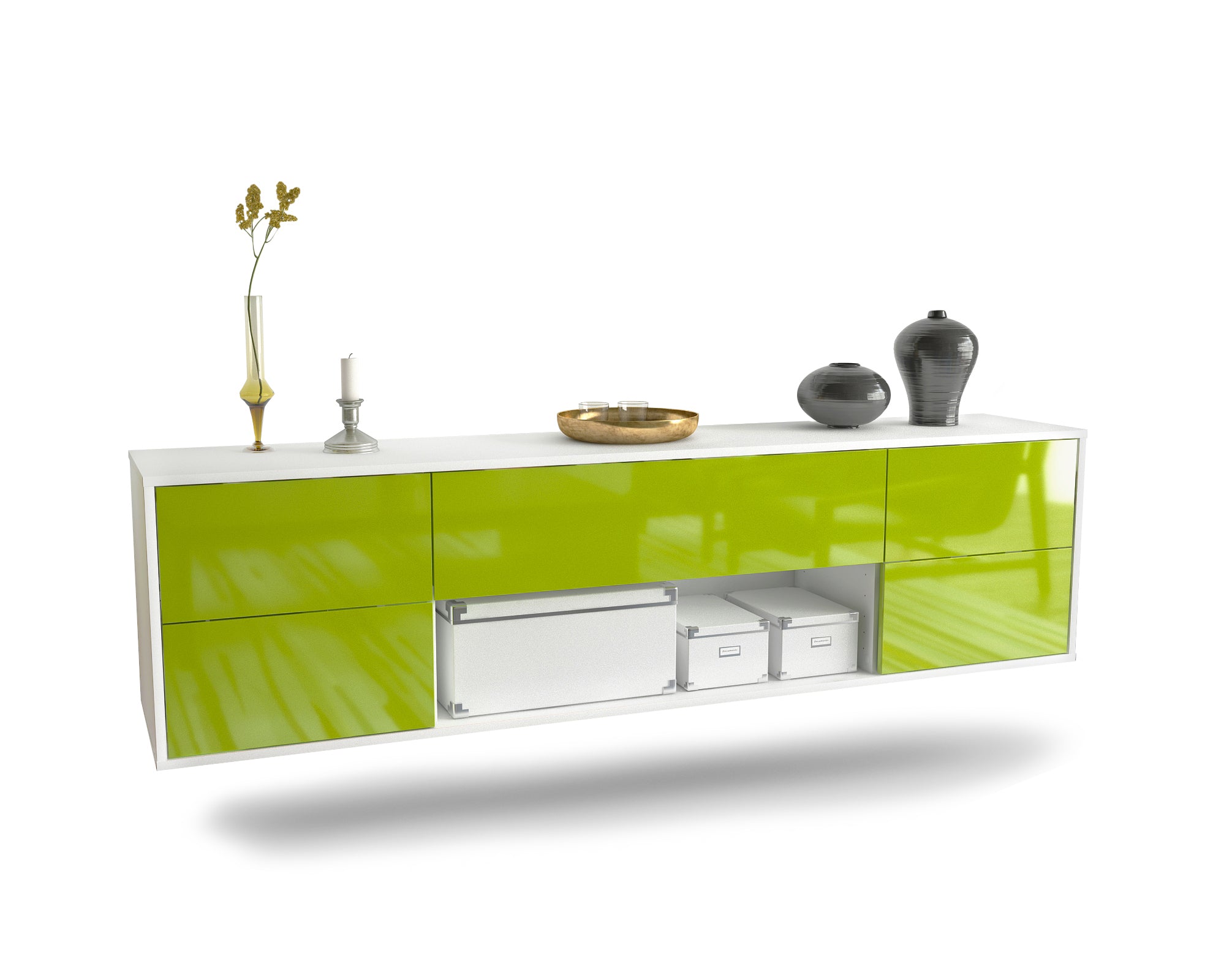 Lowboard - Babetta - Design Hochglanz - Wandmontage mit Push to Open 180 cm Weiss