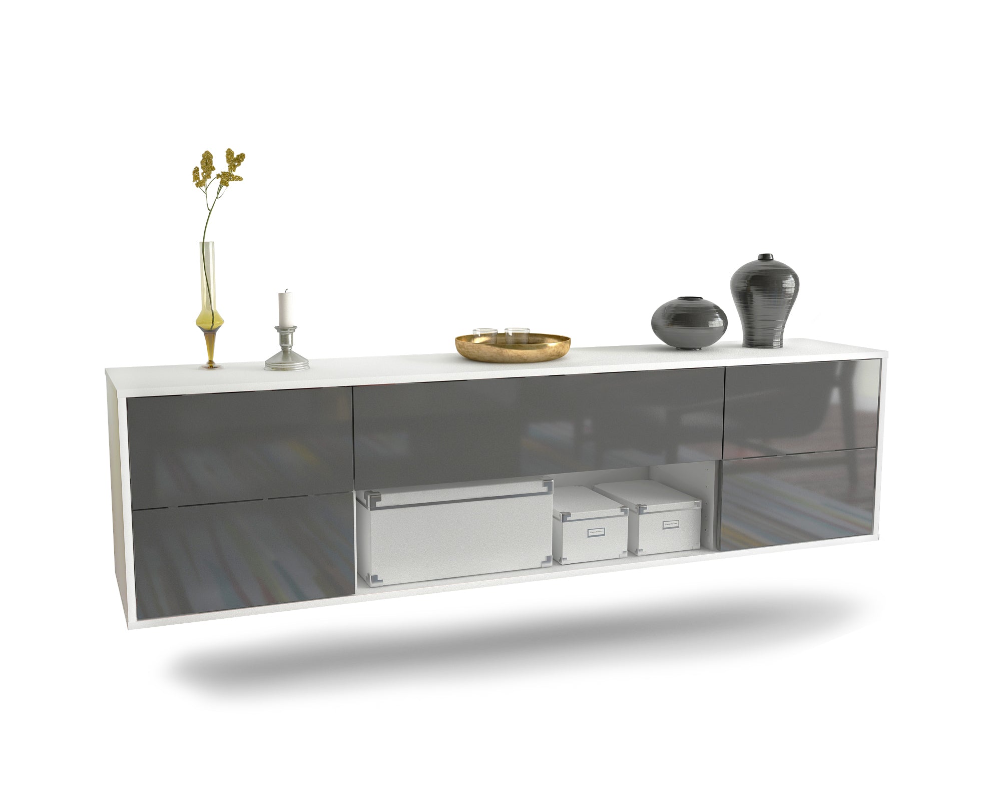 Lowboard - Babetta - Design Hochglanz - Wandmontage mit Push to Open 180 cm Weiss