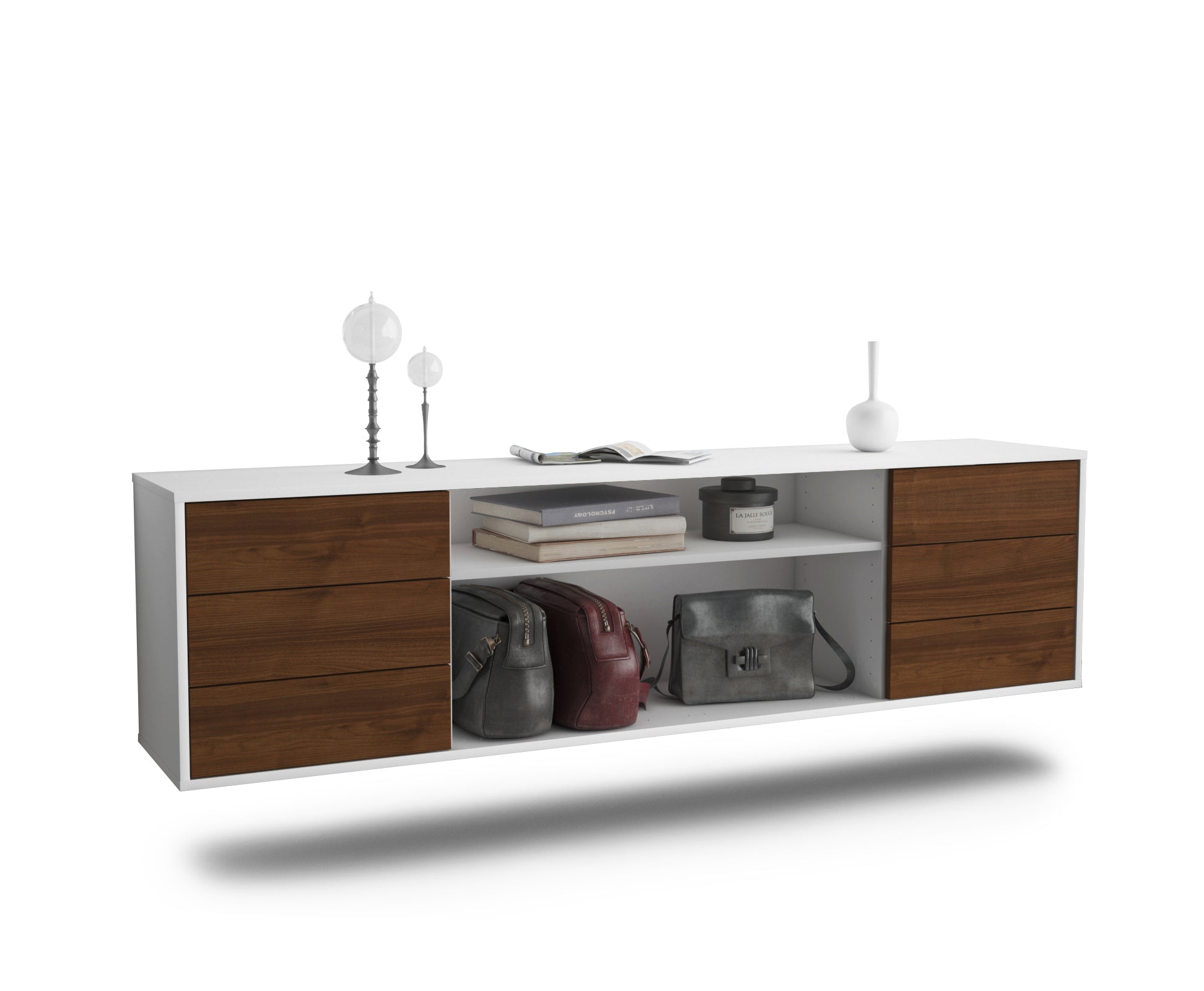 Lowboard - Belinda - Design Holzdekor - Wandmontage mit Push to Open 180 cm Weiss