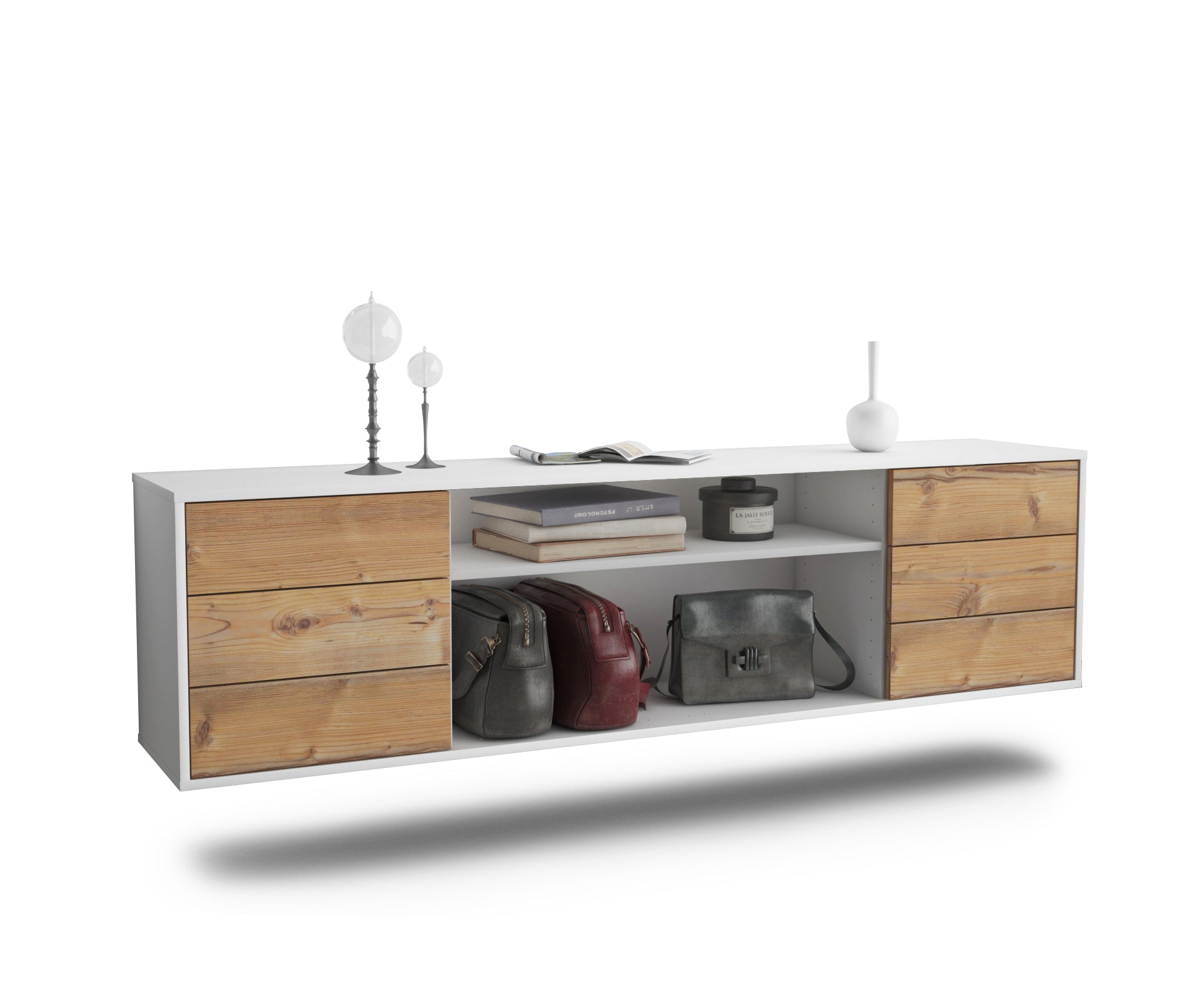 Lowboard - Belinda - Design Holzdekor - Wandmontage mit Push to Open 180 cm Weiss