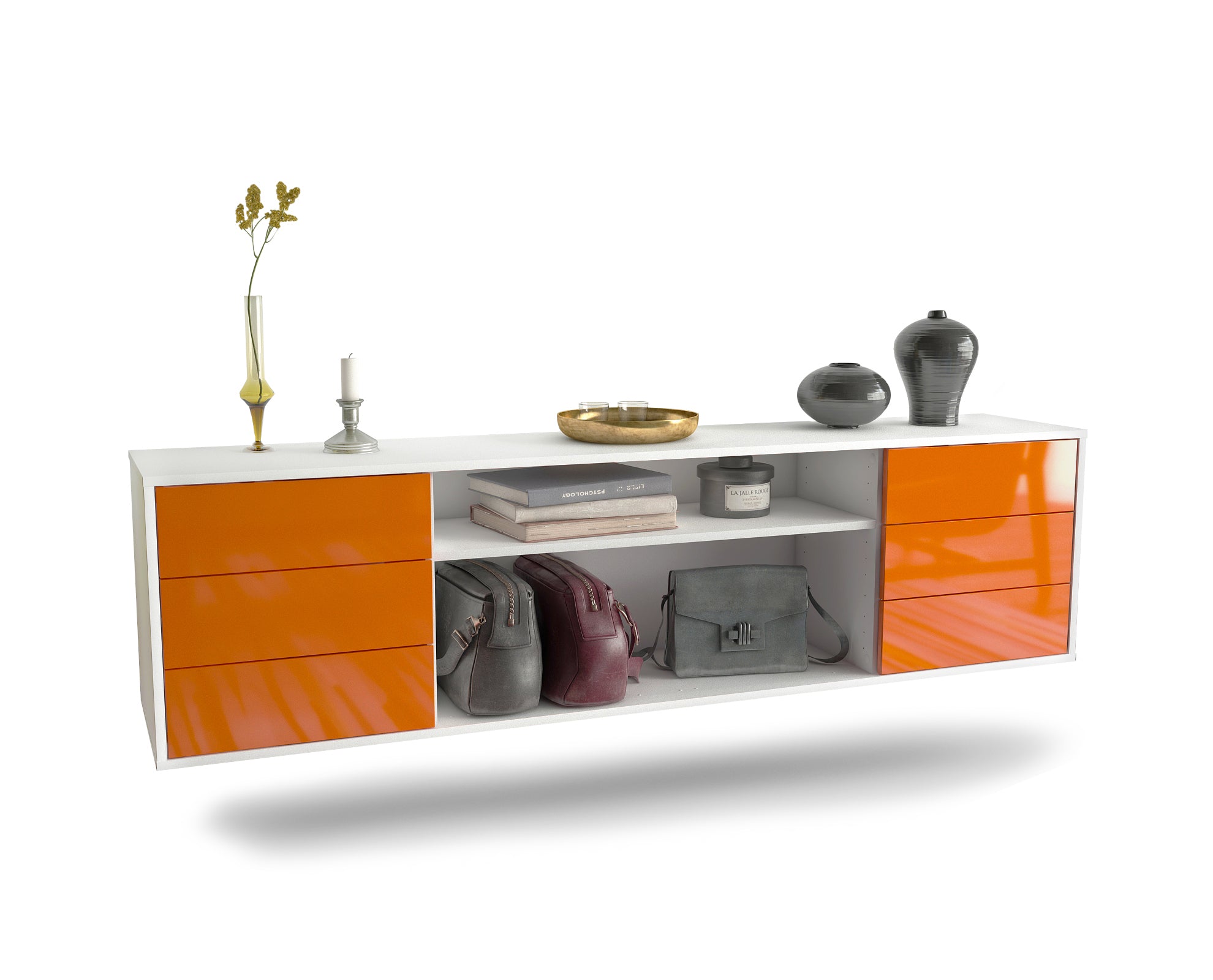 Lowboard - Belinda - Design Hochglanz - Wandmontage mit Push to Open 180 cm Weiss