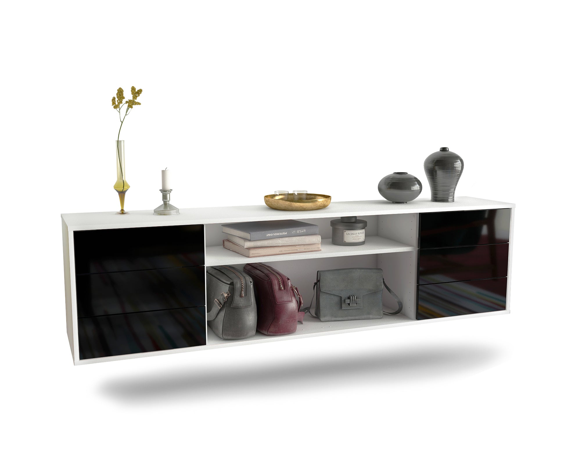 Lowboard - Belinda - Design Hochglanz - Wandmontage mit Push to Open 180 cm Weiss