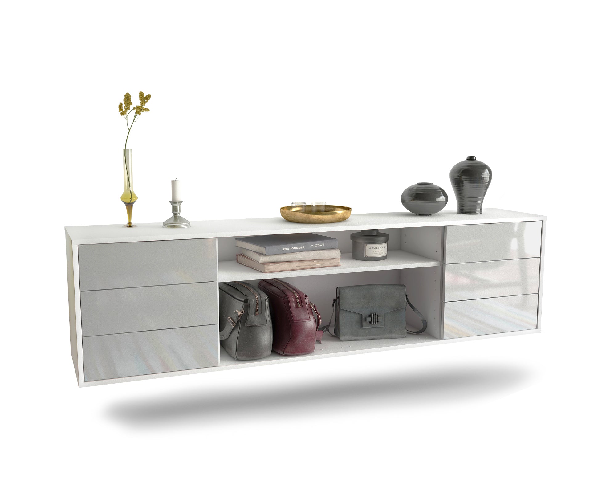 Lowboard - Belinda - Design Hochglanz - Wandmontage mit Push to Open 180 cm Weiss