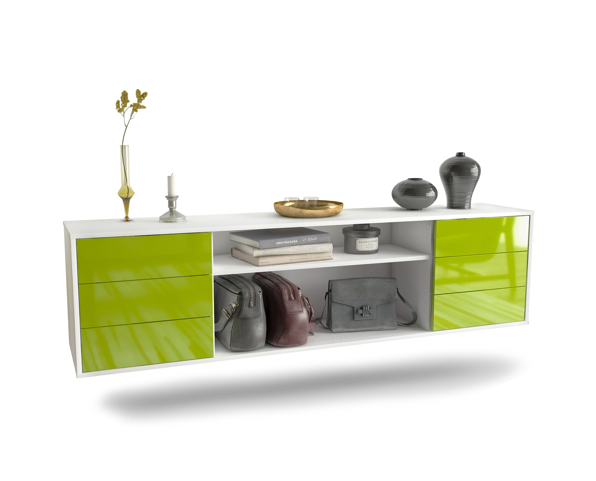 Lowboard - Belinda - Design Hochglanz - Wandmontage mit Push to Open 180 cm Weiss