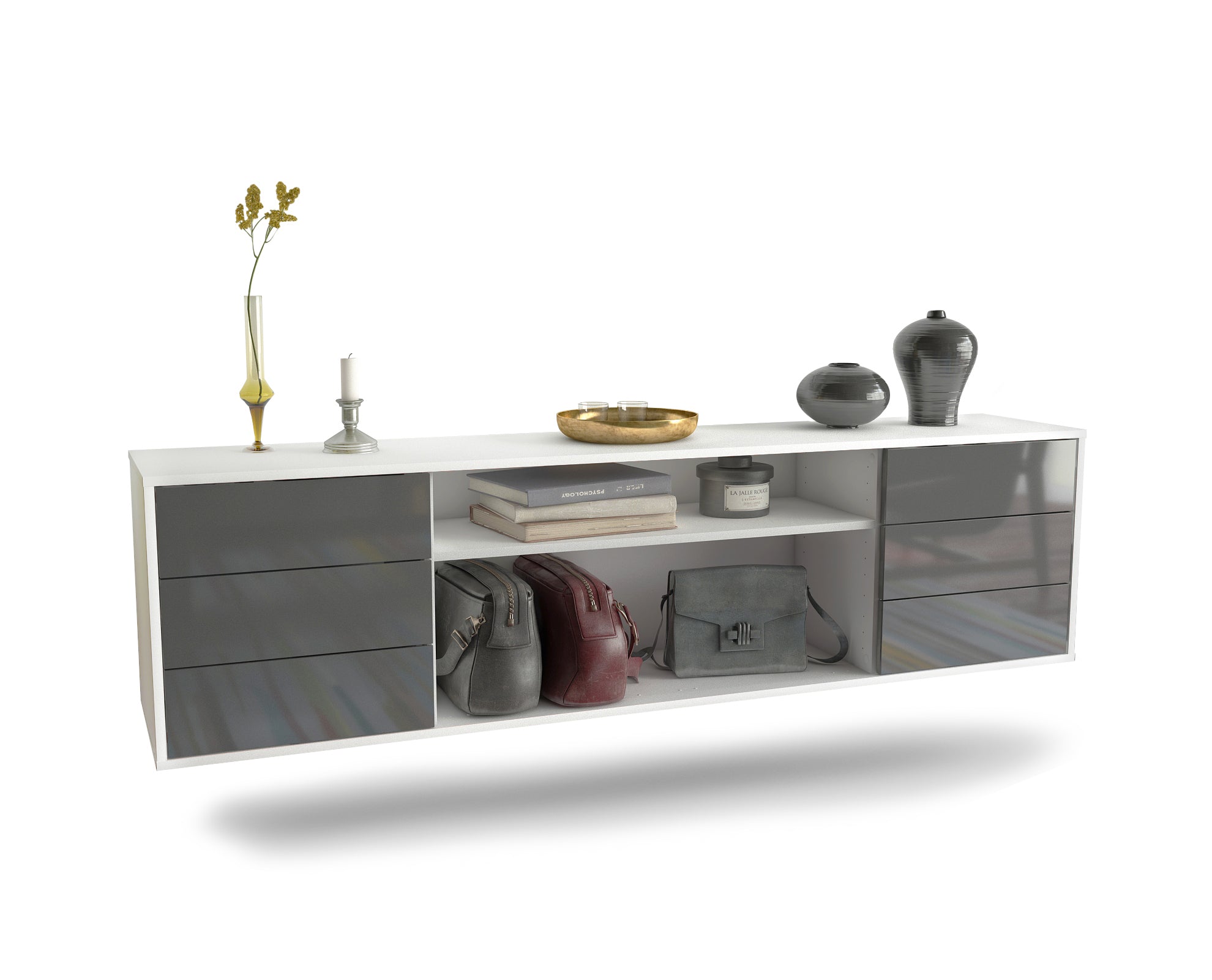 Lowboard - Belinda - Design Hochglanz - Wandmontage mit Push to Open 180 cm Weiss
