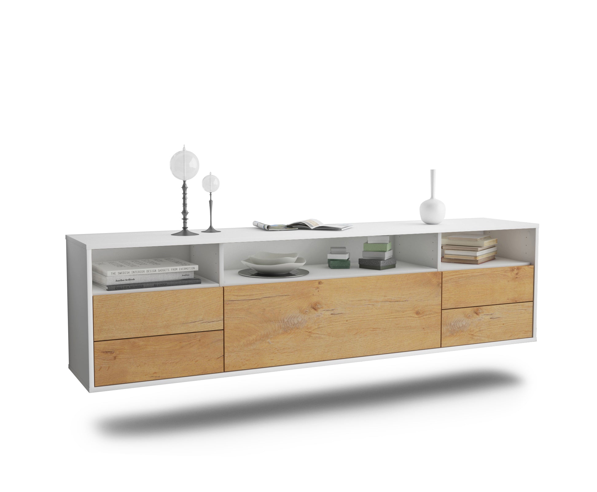 Lowboard - Bella - Design Holzdekor - Wandmontage mit Push to Open 180 cm Weiss