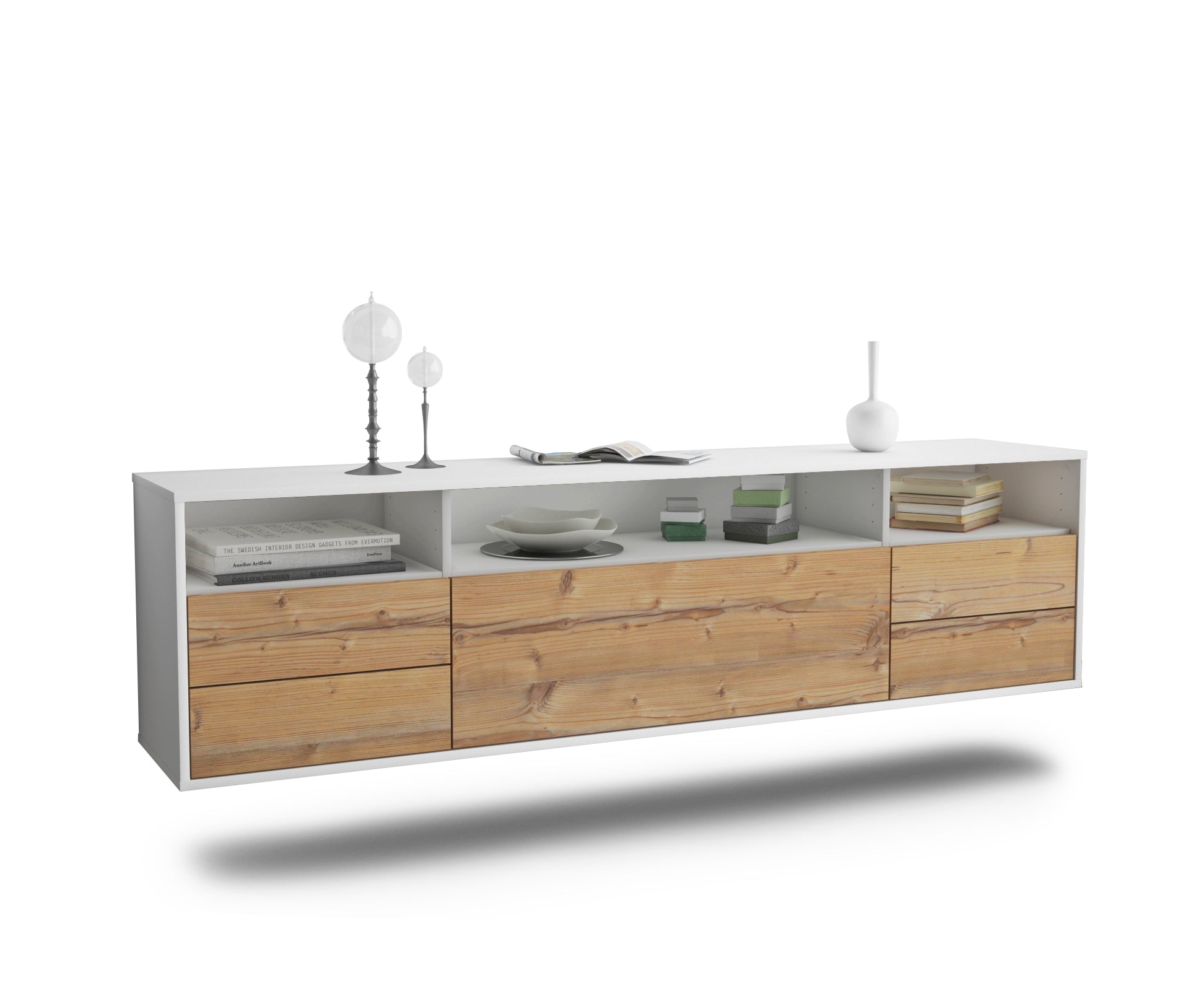 Lowboard - Bella - Design Holzdekor - Wandmontage mit Push to Open 180 cm Weiss