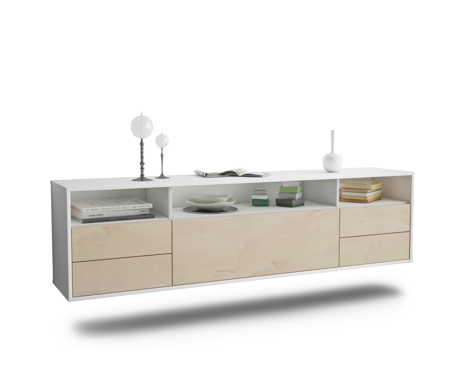 Lowboard - Bella - Design Holzdekor - Wandmontage mit Push to Open 180 cm Weiss