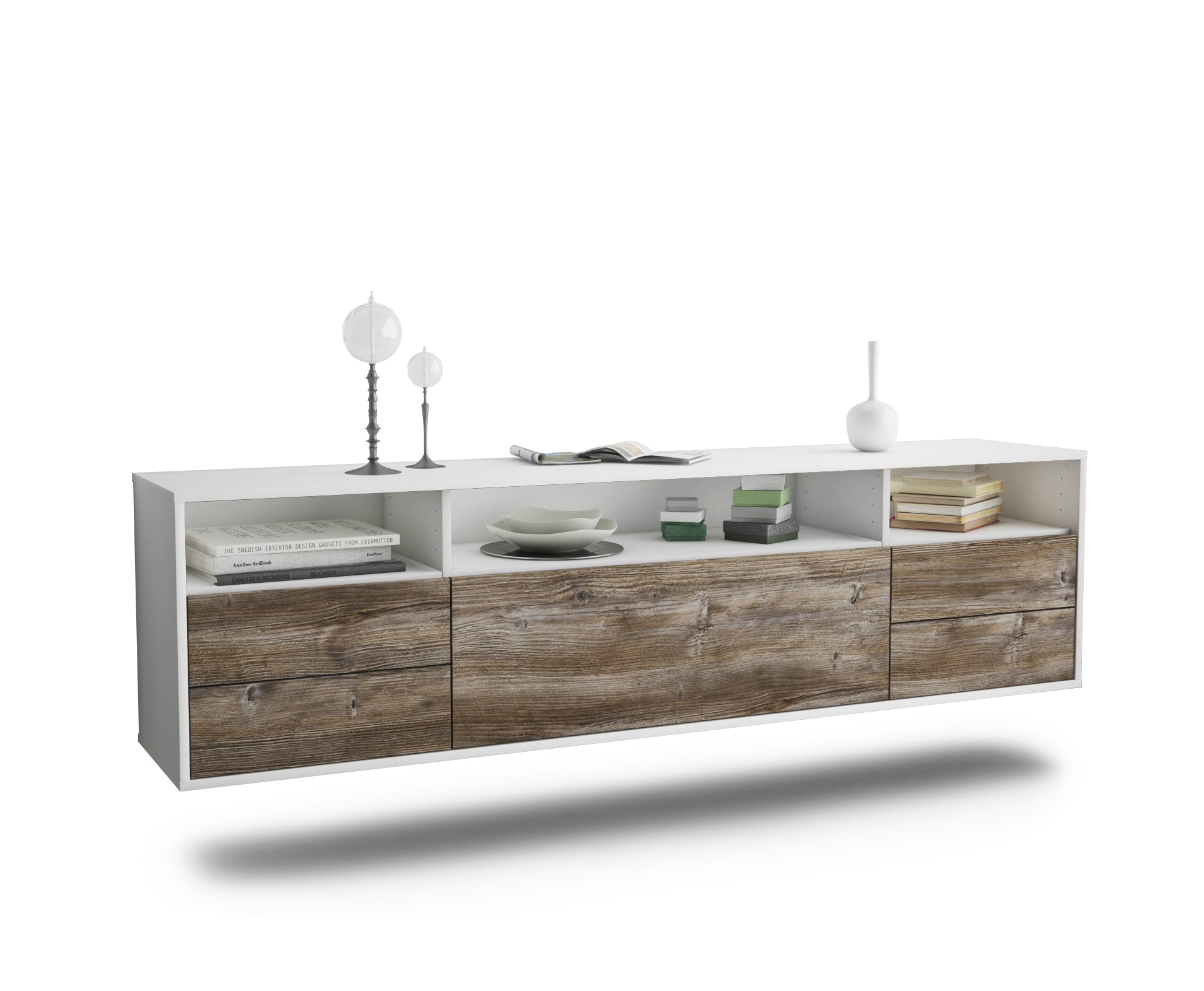 Lowboard - Bella - Design Holzdekor - Wandmontage mit Push to Open 180 cm Weiss