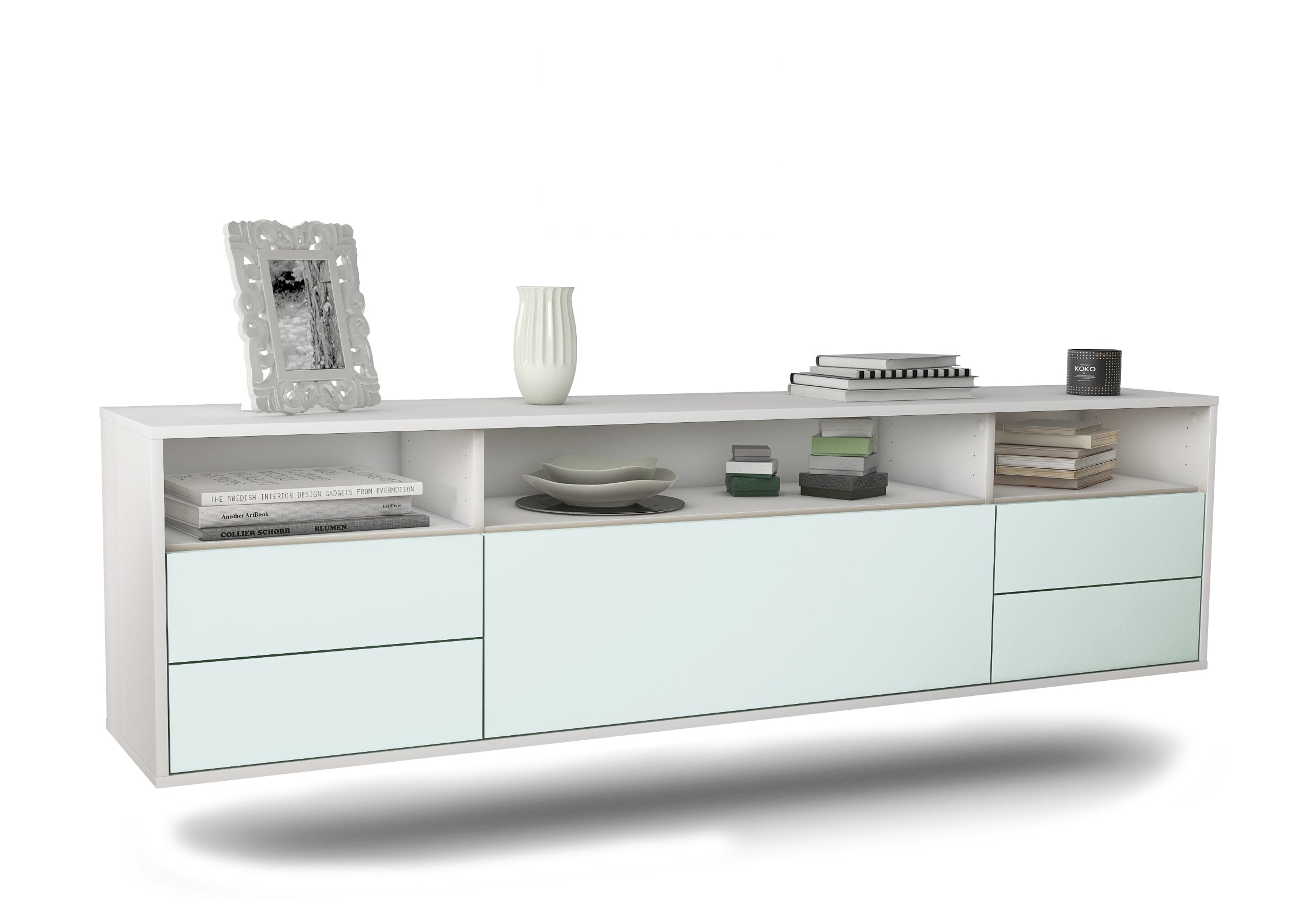 Lowboard - Bella - Design Farbakzent - Wandmontage mit Push to Open 180 cm Weiss