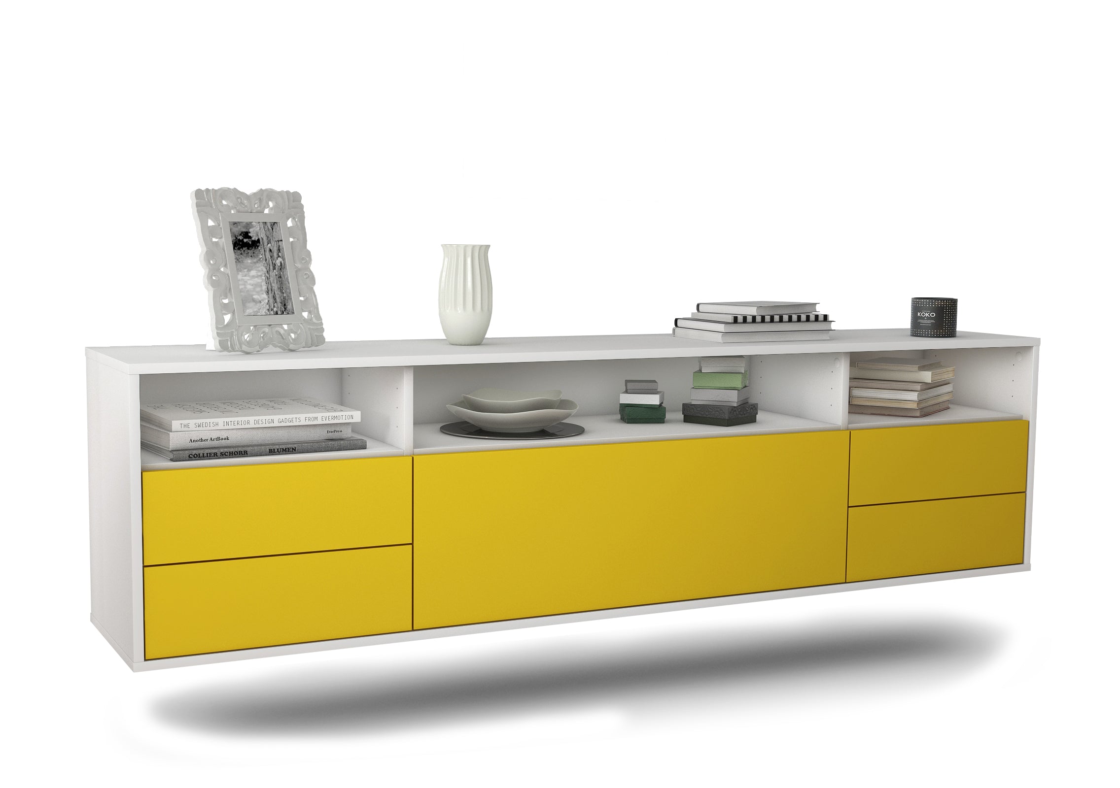 Lowboard - Bella - Design Farbakzent - Wandmontage mit Push to Open 180 cm Weiss